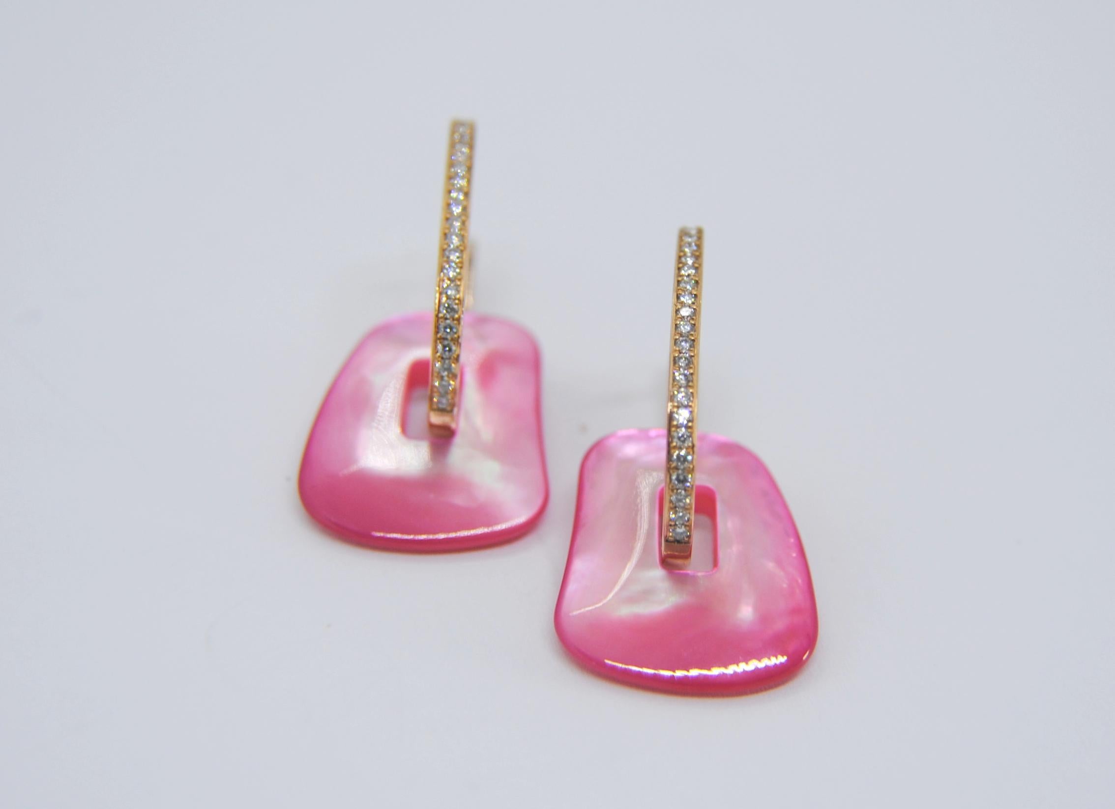 Earrings in  rose gold grams 2.6grams (also look option in white gold) Small
Measure 20mm or 0.75 inches
Diamonds carat 0.34 ct
The Mother of pearl  pieces are 19x15mm or 0.74x0.59 inches
earrings can be extended in lenght with adaptable gold