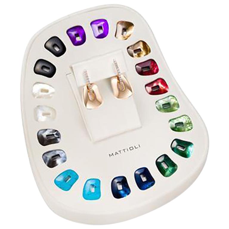 Mattioli Puzzle Earrings 18 Karat Gold White Diamonds & 10 Colored Pairs S Size For Sale