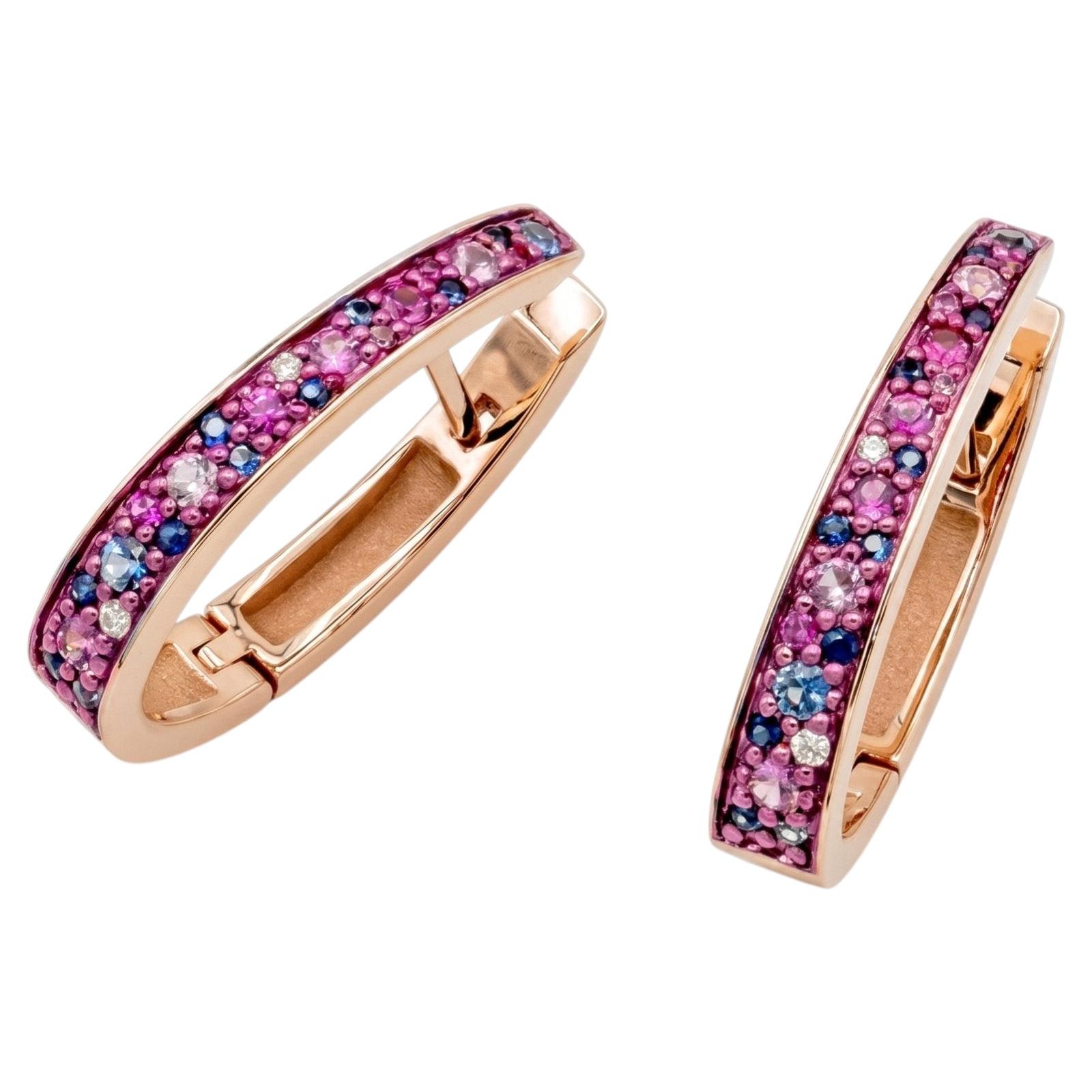 Mattioli Puzzle Large Hoop in 18k RoseGold, WhiteDiamonds PinkAndBlue sapphires