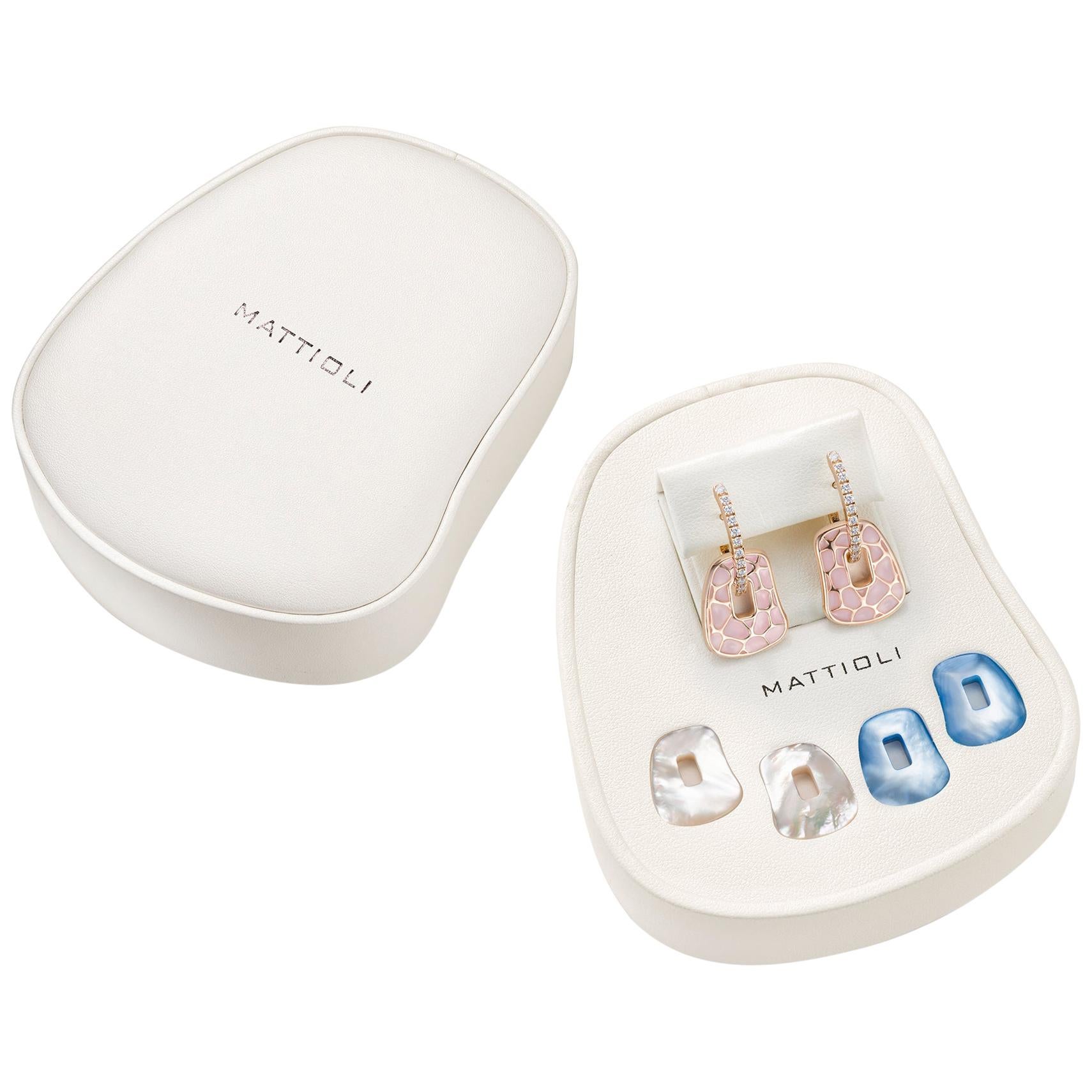 Mattioli, boucles d'oreilles Puzzle Safari en or rose 18 carats, émail rose et diamants 