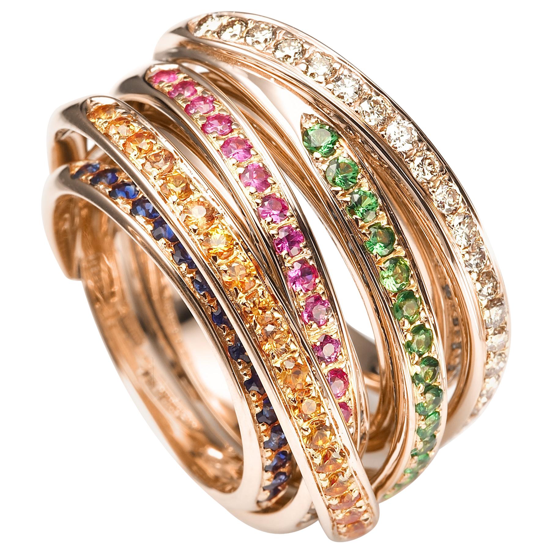 For Sale:  Mattioli Tibet Ring in Rose Gold and Brown Diamonds, Sapphires and Tsavorites