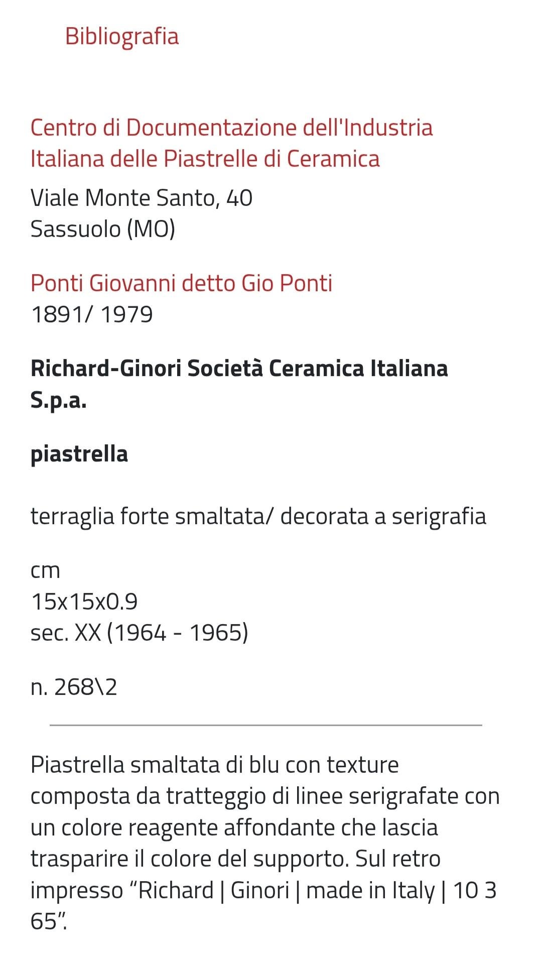 Azulejo de cerámica de Gio Ponti para Richard Ginori años 60 con marco en Bueno estado para la venta en taranto, IT