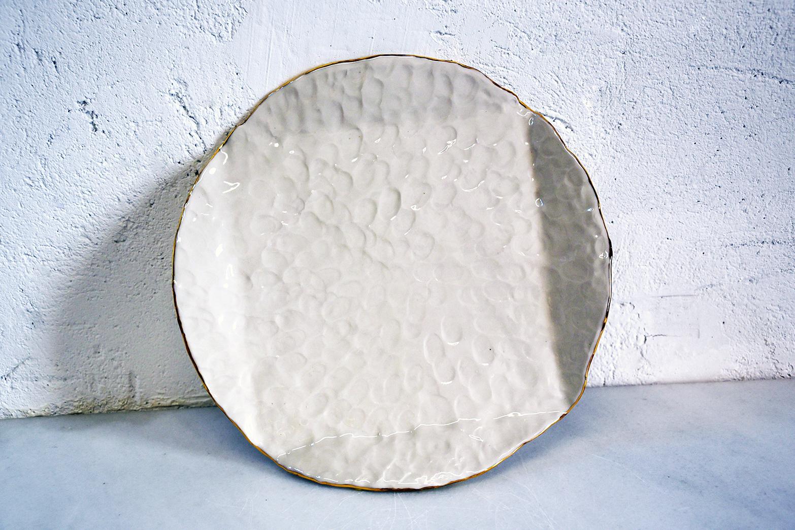 Hand-Crafted Matzoh Plate by Isabel Halley in Pinched White Porcelain with 22K Gold Luster For Sale