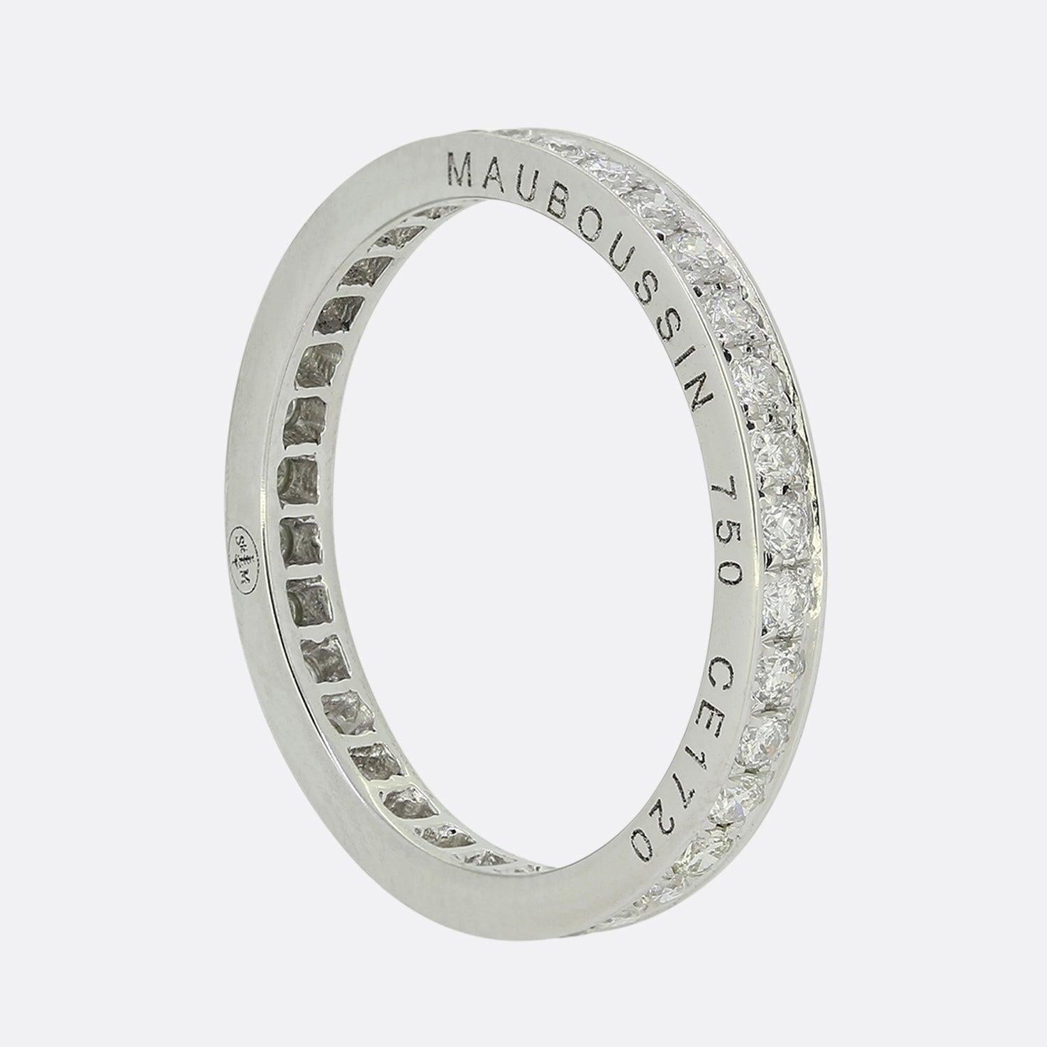This is an 18ct white gold diamond full eternity ring from the luxury jewellery designer Mauboussin. The ring features 40 round brilliant cut diamonds which are perfectly matched for colour and clarity.


Condition: Used (Very Good)
Weight: 1.95