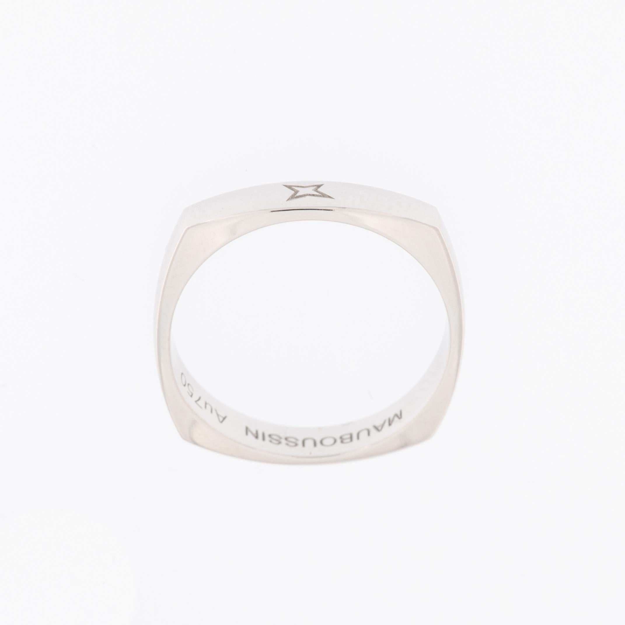 The Mauboussin 18-karat White Gold Band Ring is a symbol of refined luxury and timeless elegance. Crafted by the esteemed French jewelry house Mauboussin, this ring showcases a seamless blend of exquisite design and superior craftsmanship.

The band