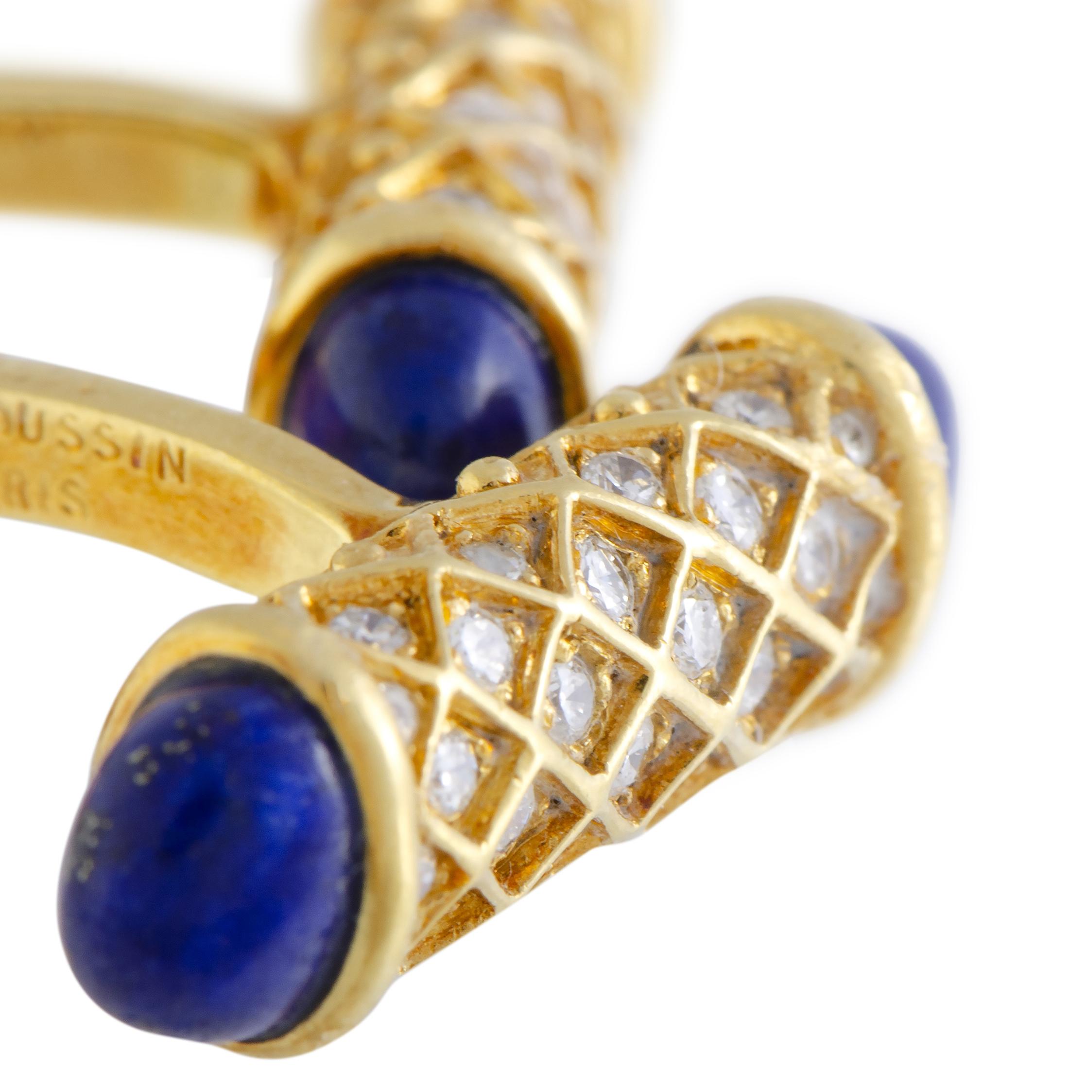 Mauboussin 18 Karat Yellow Gold Diamond and Lapis Cylinder Cufflinks In Excellent Condition In Southampton, PA