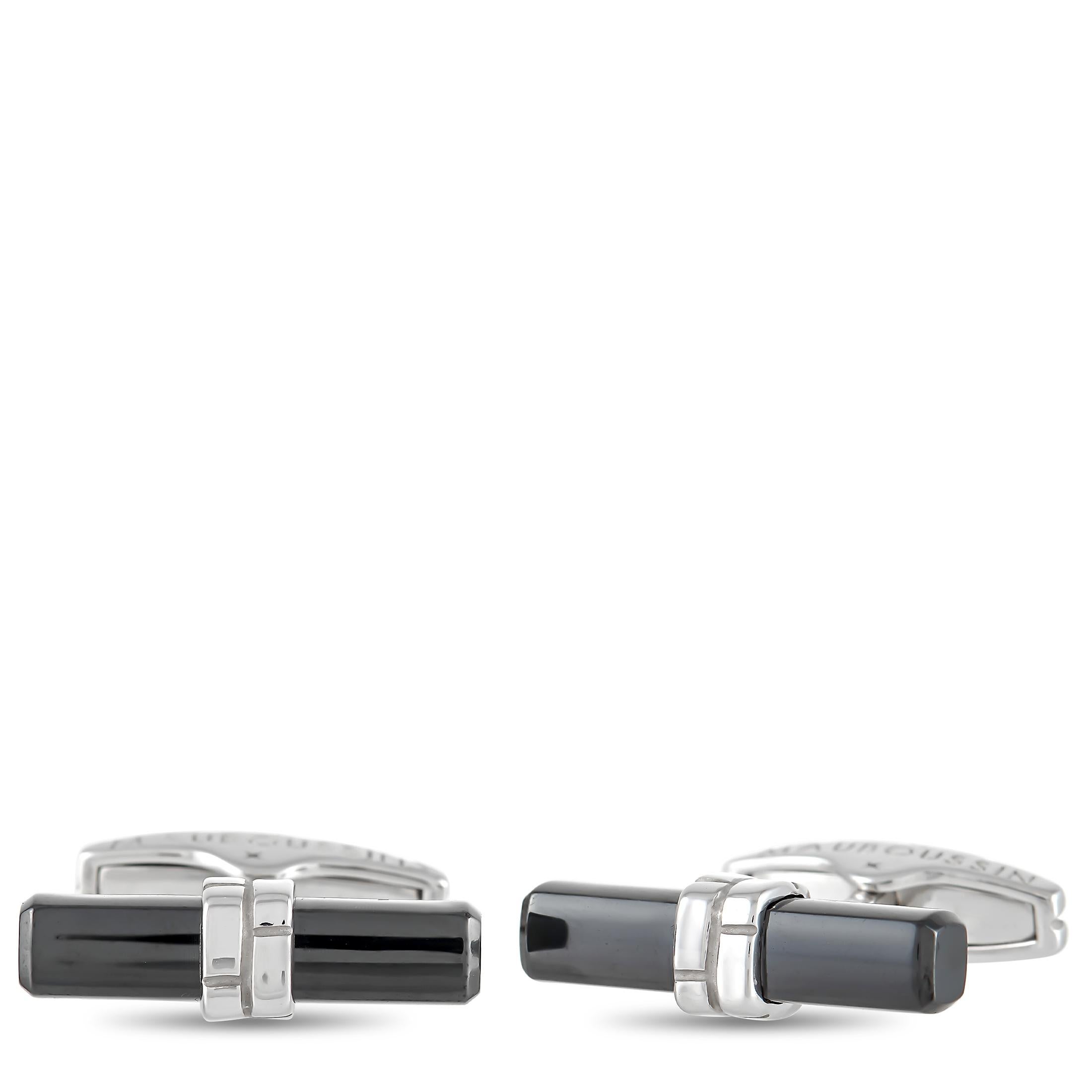 Mauboussin 18K White Gold Onyx Cufflink and Pin Set offers a stately finishing touch. The cufflinks are made with 18K white gold and feature a polished onyx stone on both. The cufflinks measure 0.25 inches in length and 0.88 inches in width. The