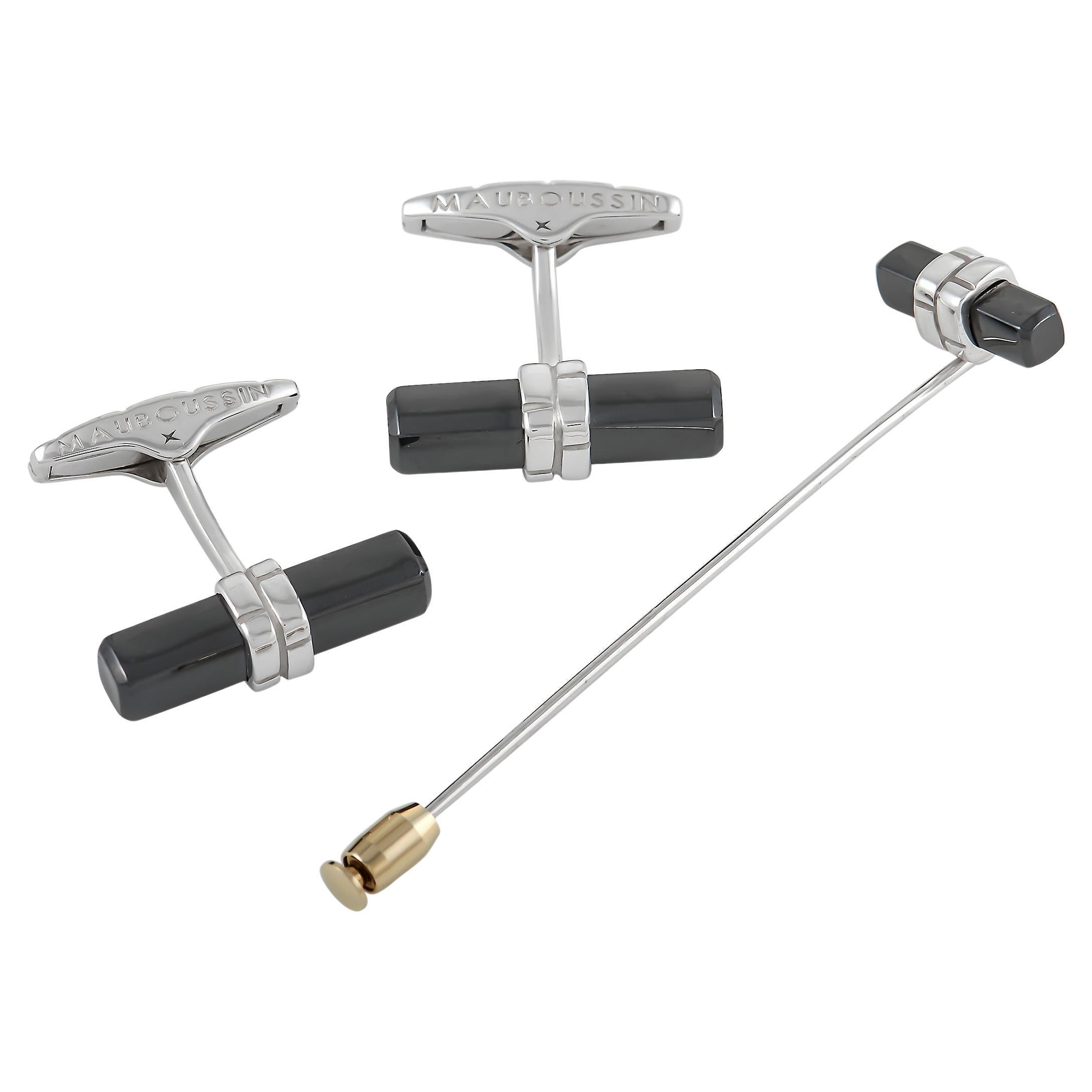 Mauboussin 18K White Gold and Onyx Cufflinks and Pin Set