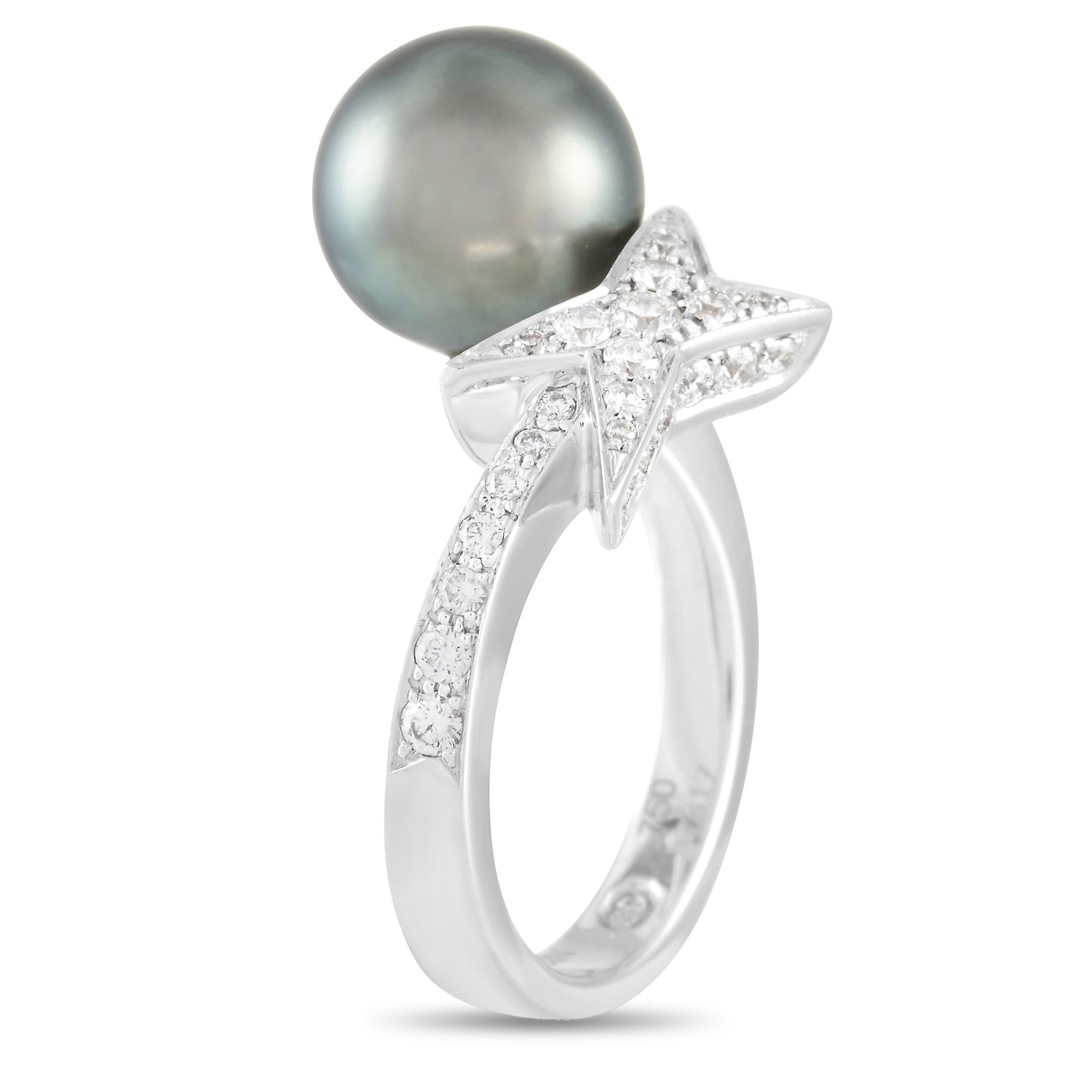 Sweep her off her feet with the sparkling elegance of this Mauboussin 18K White Gold Diamond and Pearl Ring. Designed with a bypass shank, one end of this ring leads to a sparkling star with diamonds in pavé setting while the other end features a