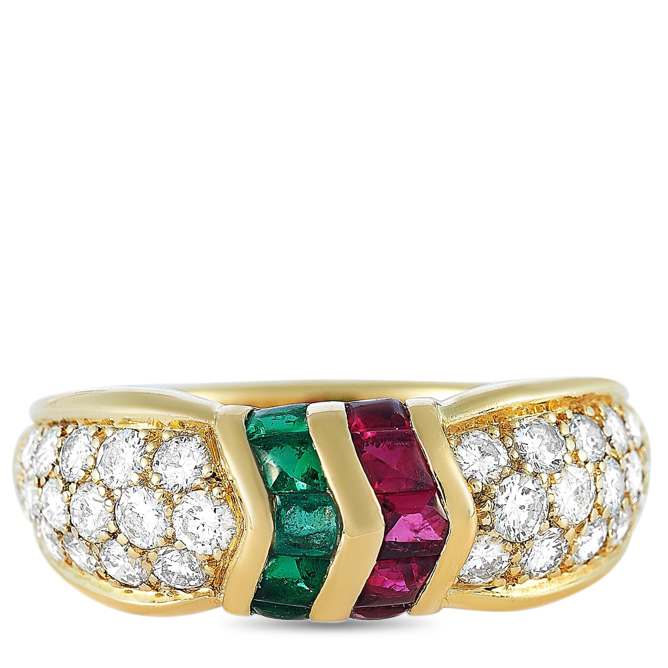 Round Cut Mauboussin 18 Karat Yellow Gold 0.45 Carat Diamond, Emerald and Ruby Ring