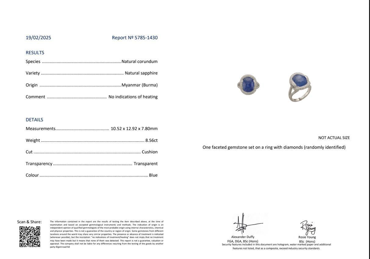 Mauboussin 18kt alter Ring mit 8,56 ct. Unerhitzter burmesischer Saphir & Diamanten (Kissenschliff) im Angebot