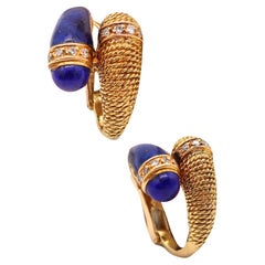 Mauboussin 1960 Paris Hoop Earrings in 18Kt Gold Diamonds & Carved Lapis Lazuli