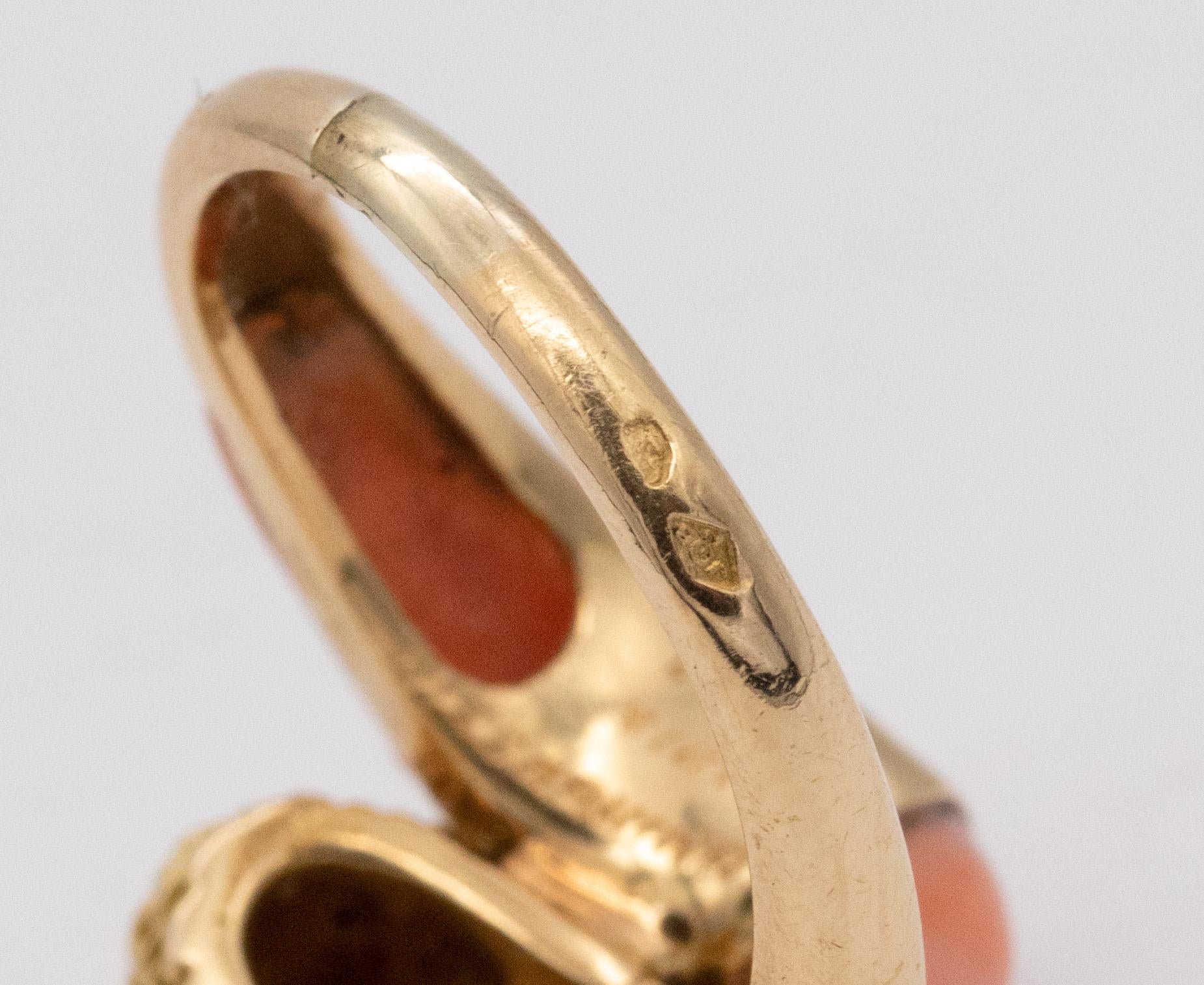 Modernist Mauboussin 1960 Paris Toi Et Moi Ring 18Kt Gold With Diamonds And Carved Coral For Sale
