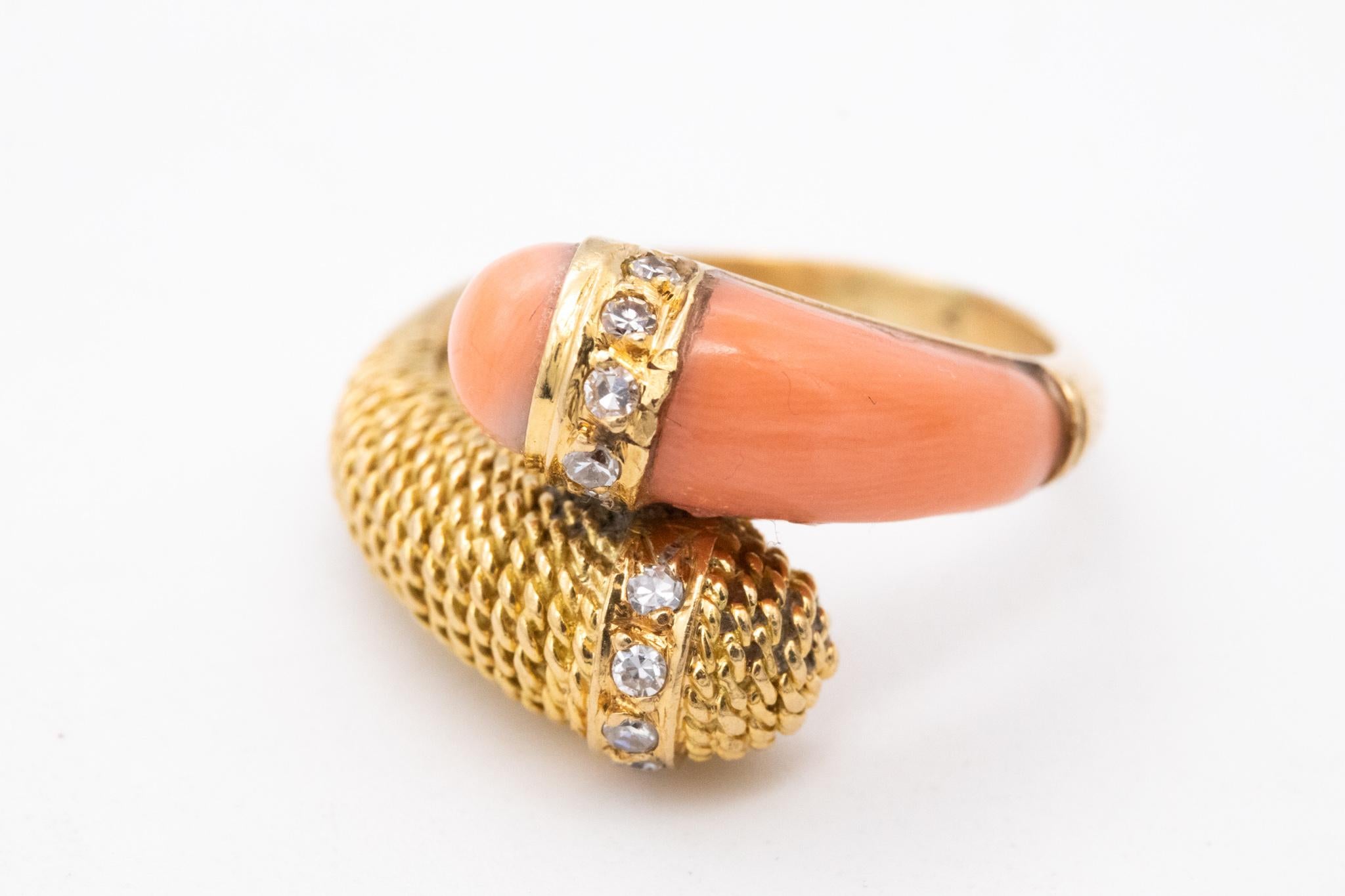 Mixed Cut Mauboussin 1960 Paris Toi Et Moi Ring 18Kt Gold With Diamonds And Carved Coral For Sale