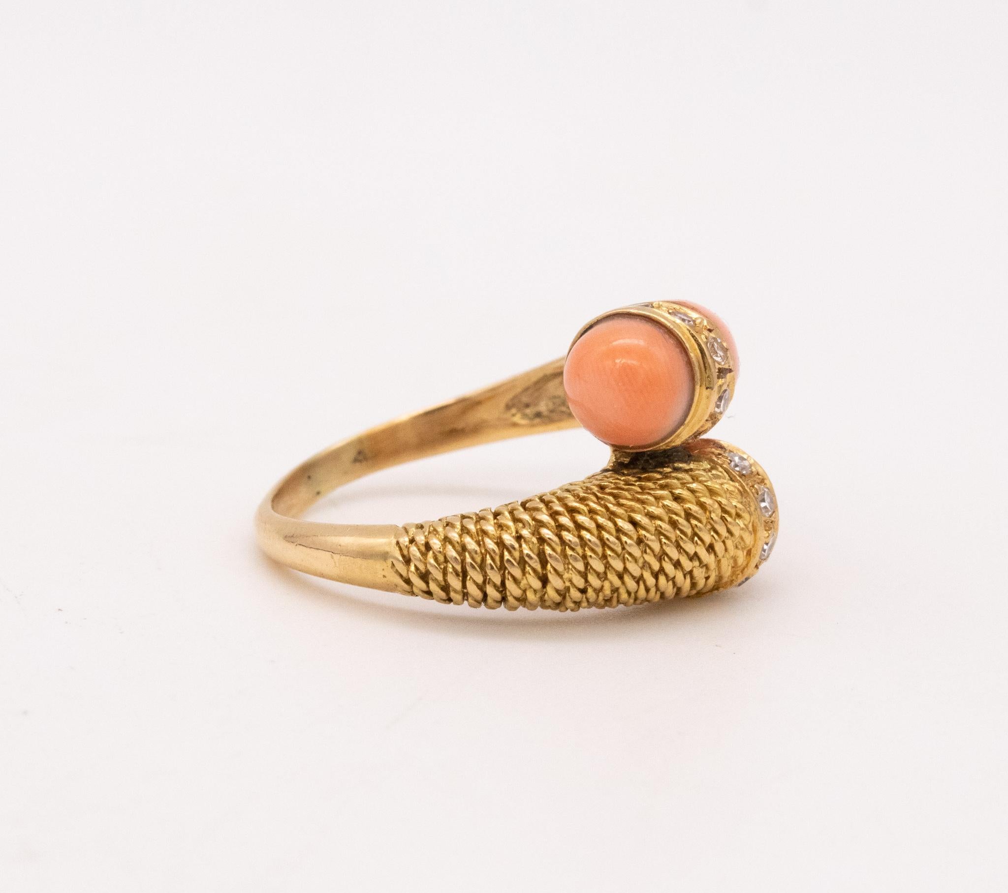 Mauboussin 1960 Paris Toi Et Moi Ring 18Kt Gold With Diamonds And Carved Coral In Excellent Condition For Sale In Miami, FL