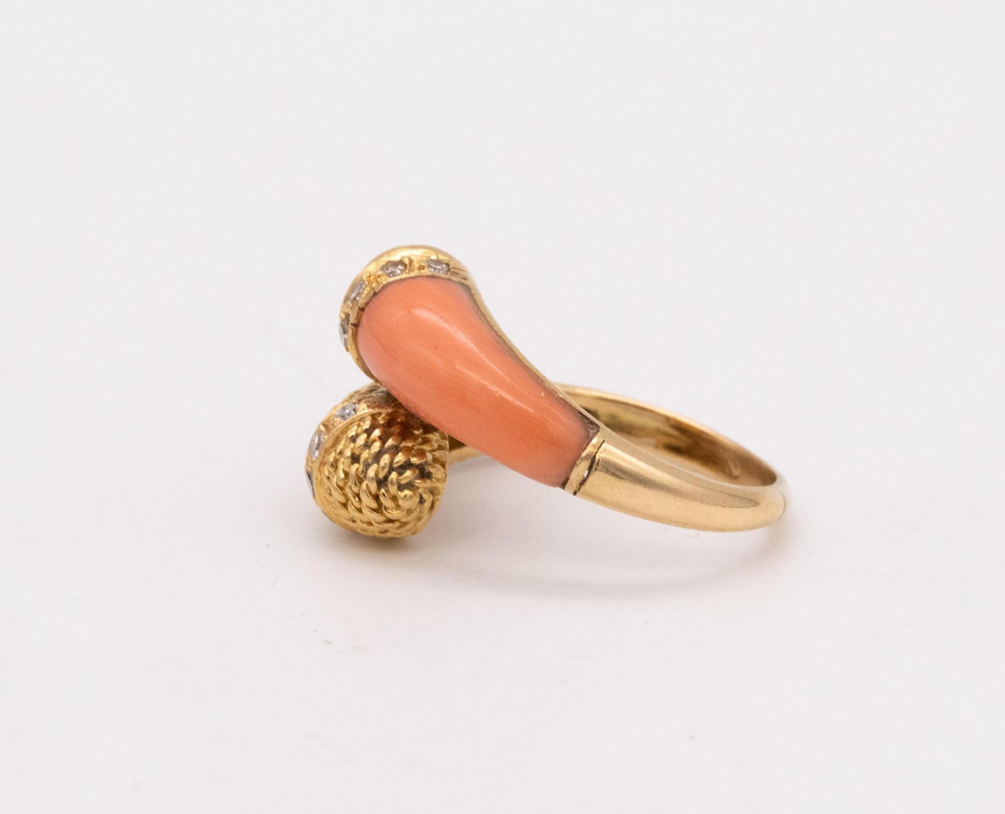 Women's Mauboussin 1960 Paris Toi Et Moi Ring 18Kt Gold With Diamonds And Carved Coral For Sale