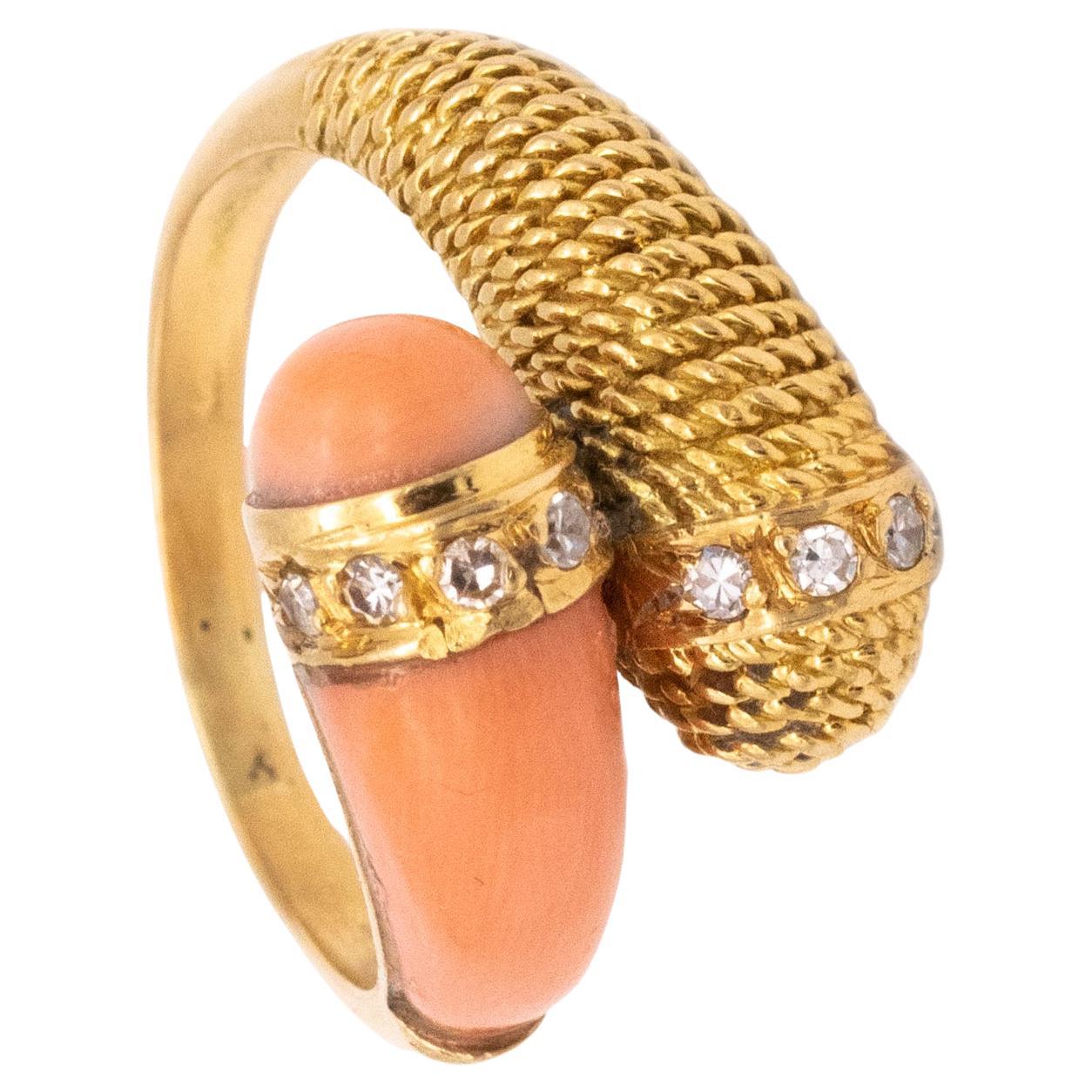 Mauboussin 1960 Paris Toi Et Moi Ring 18Kt Gold With Diamonds And Carved Coral For Sale