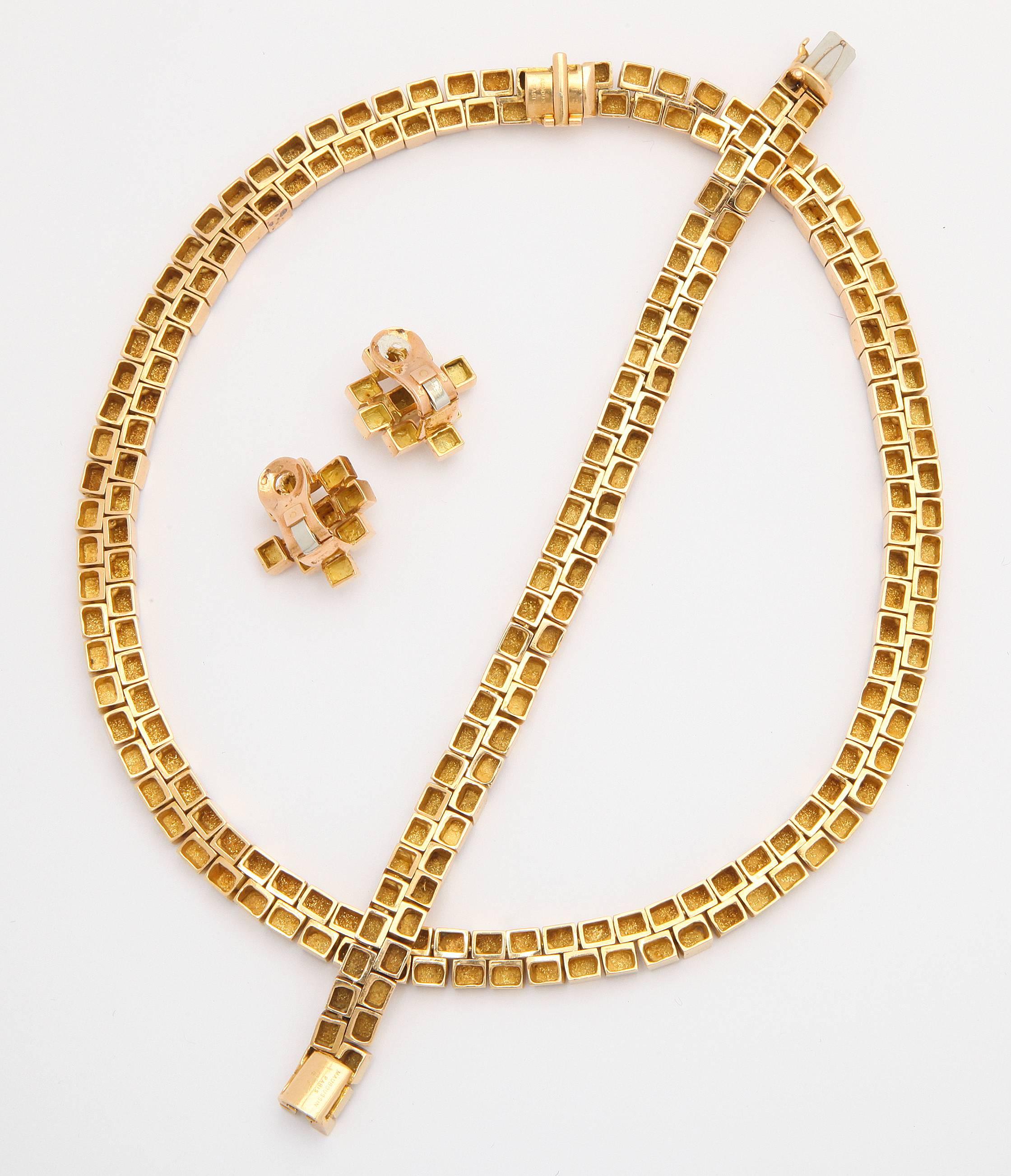 Mauboussin 1960s Modernist Textured Gold Necklace Bracelet and Ear Clips In Excellent Condition In New York, NY