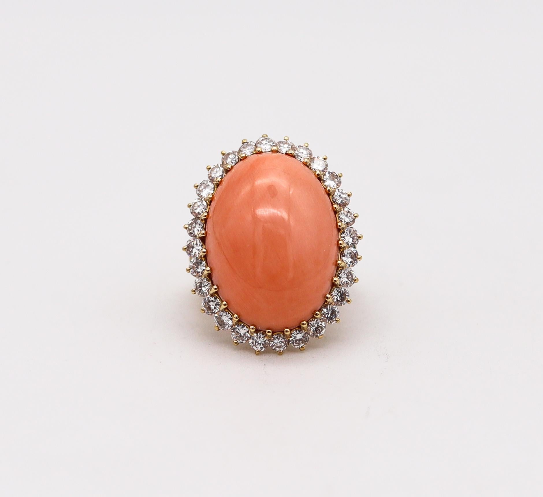 Modernist Mauboussin 1970 Paris Coral Cocktail Ring 18Kt Gold 28.66 Ctw Diamonds And Coral For Sale