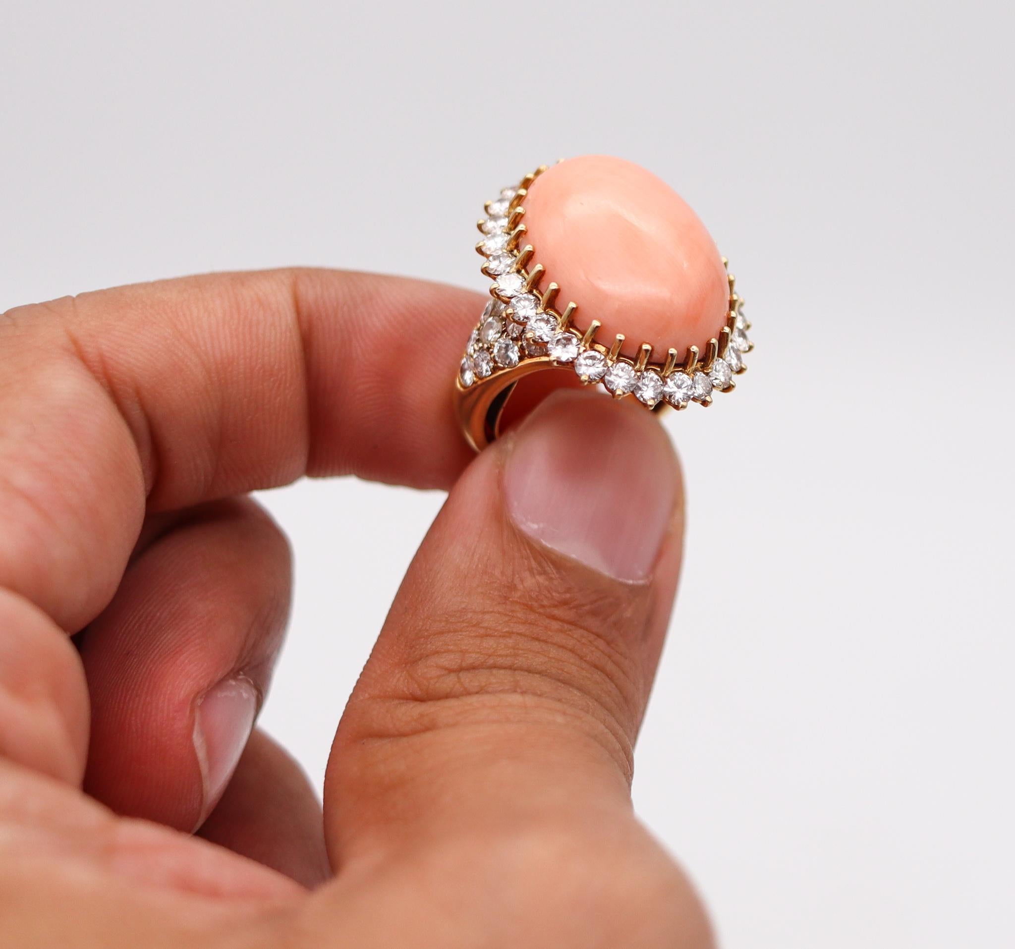 Mauboussin 1970 Paris Coral Cocktail Ring 18Kt Gold 28.66 Ctw Diamonds And Coral For Sale 1