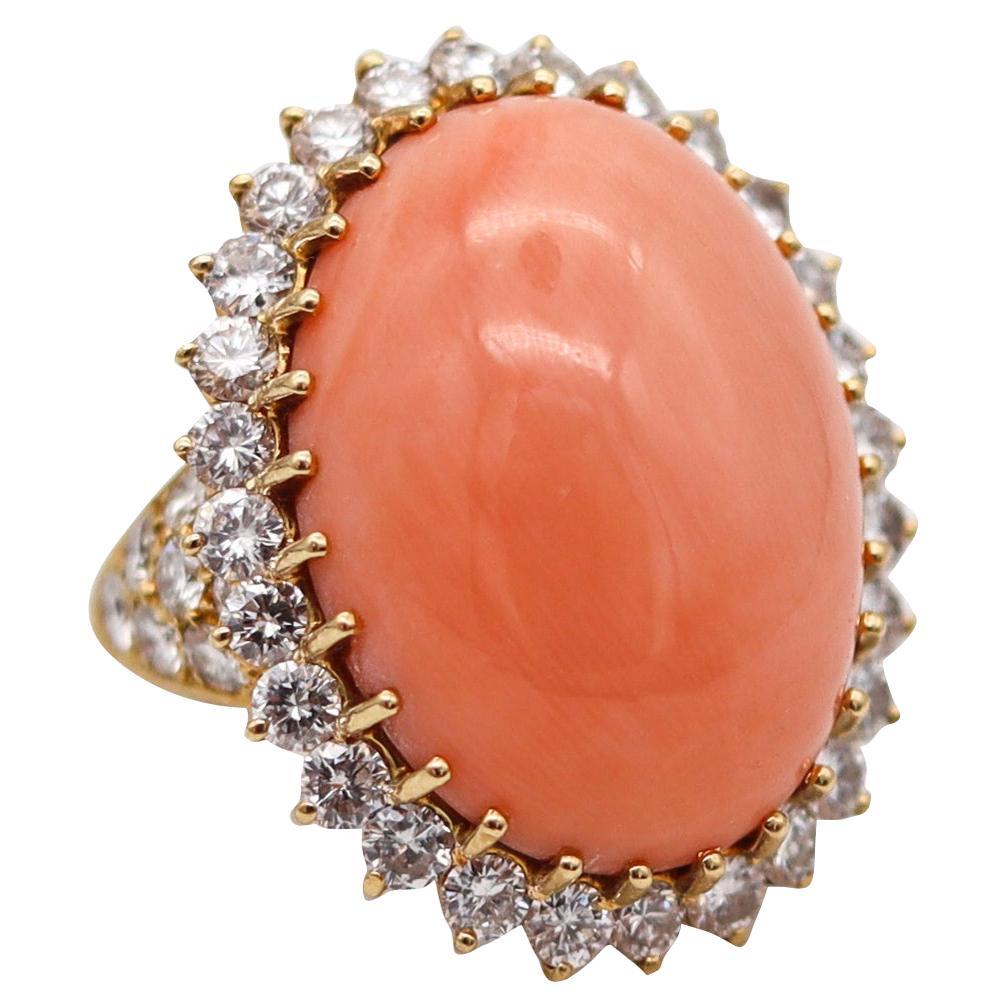 Mauboussin 1970 Paris Coral Cocktail Ring 18Kt Gold 28.66 Ctw Diamonds And Coral For Sale