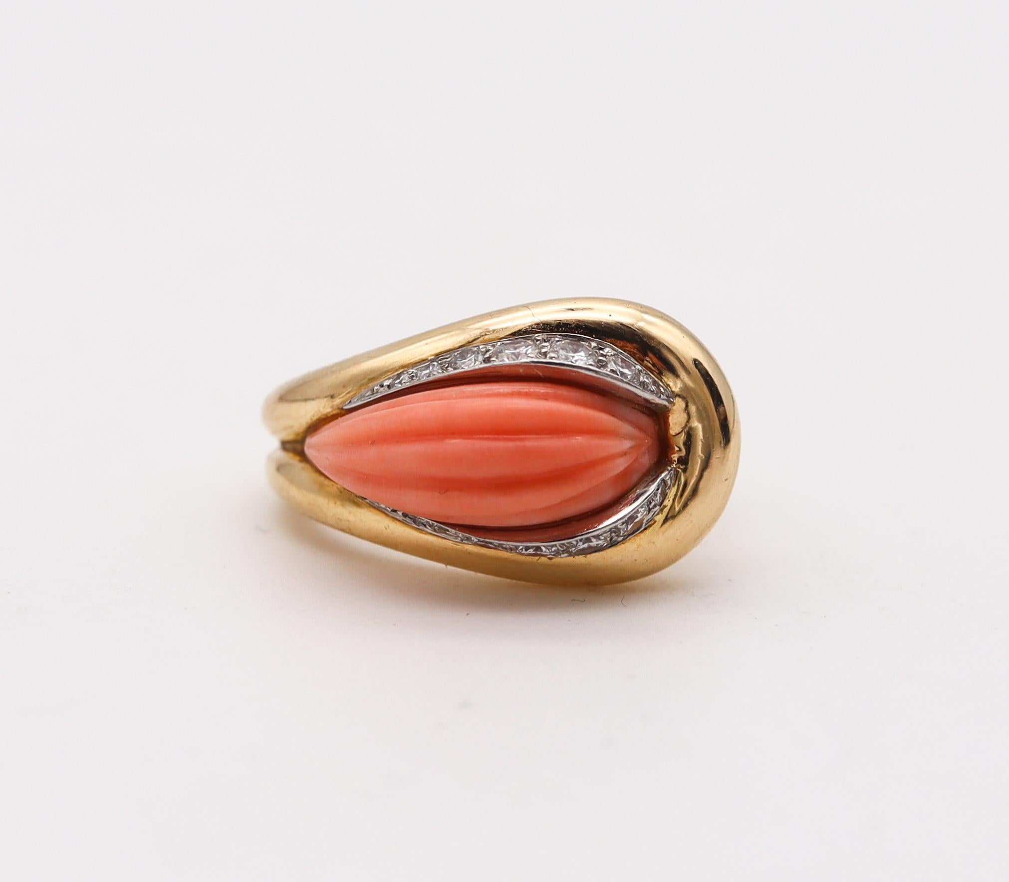 Modernist Mauboussin 1970 Paris Fluted Coral Ring in 18kt Gold with 4.35 Ctw Diamonds For Sale