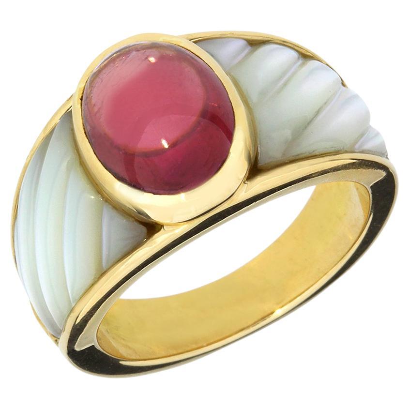 Mauboussin 3.35 Carat Pink Tourmaline & Carved Mother of Pearl 18K Ring For Sale
