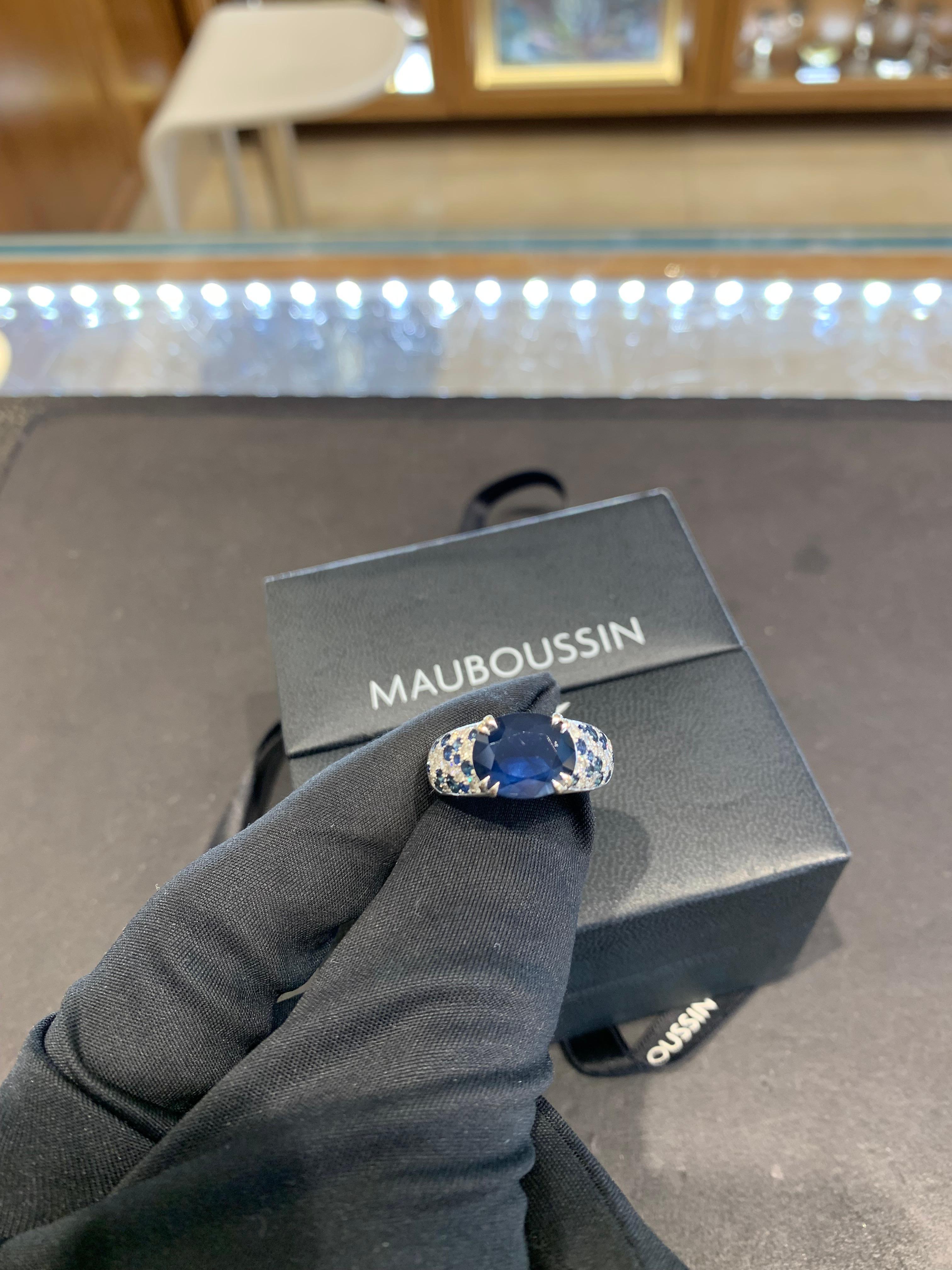 Mauboussin 4.20 Carat Blue Sapphire & Diamond Ring In Excellent Condition For Sale In Ramat Gan, IL