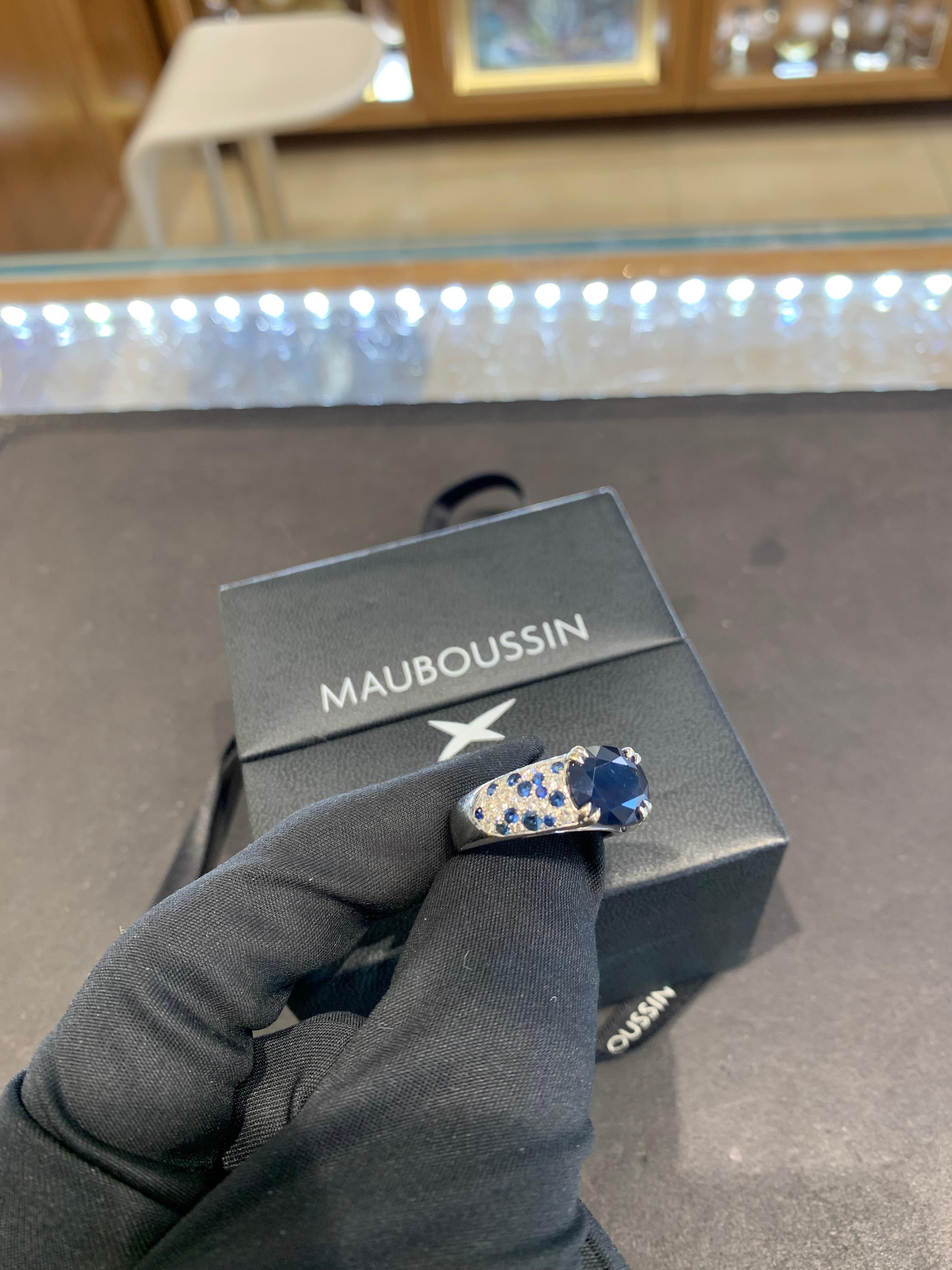 Mauboussin 4.20 Carat Blue Sapphire & Diamond Ring For Sale 1