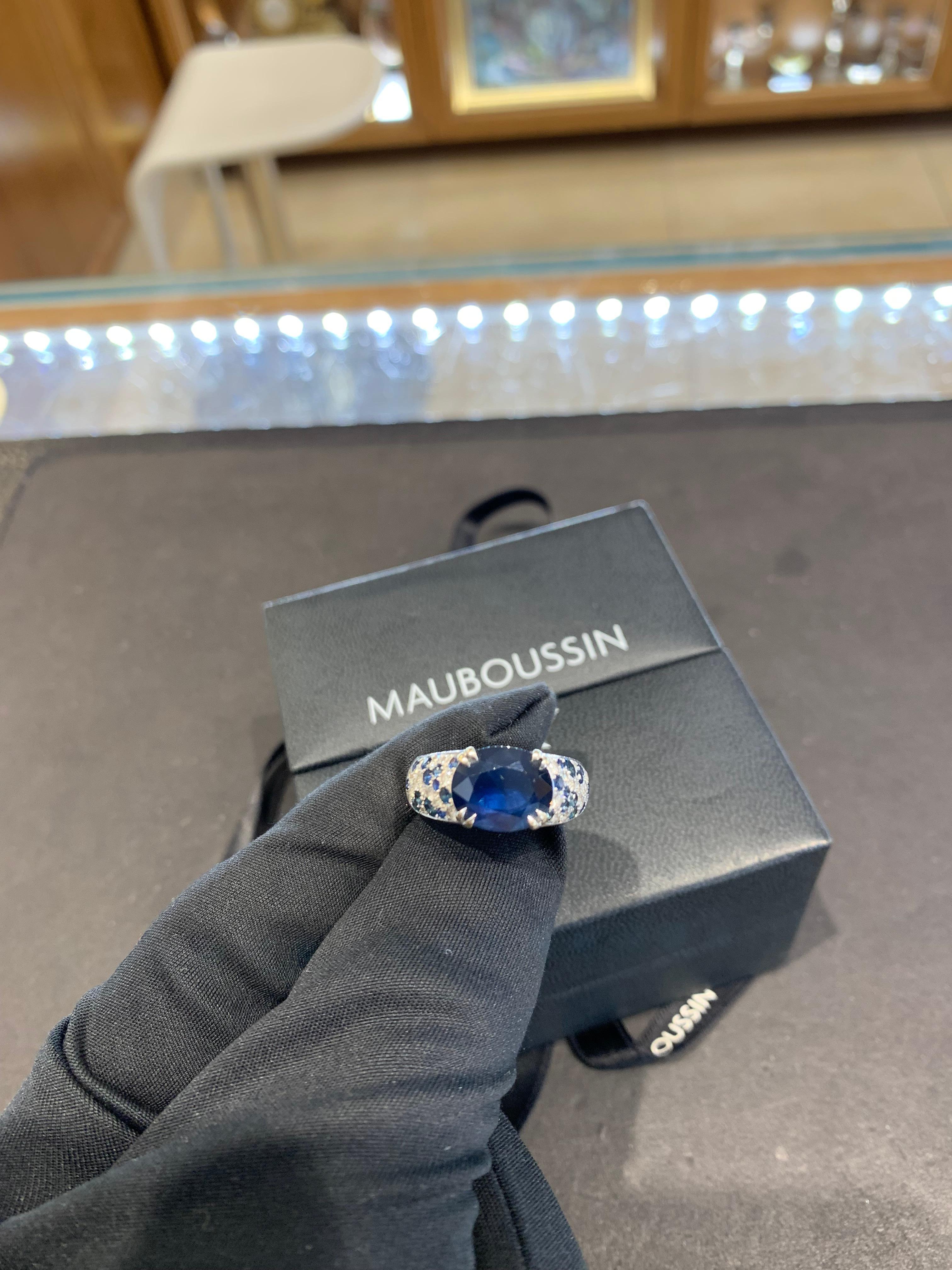 Mauboussin 4.20 Carat Blue Sapphire & Diamond Ring For Sale