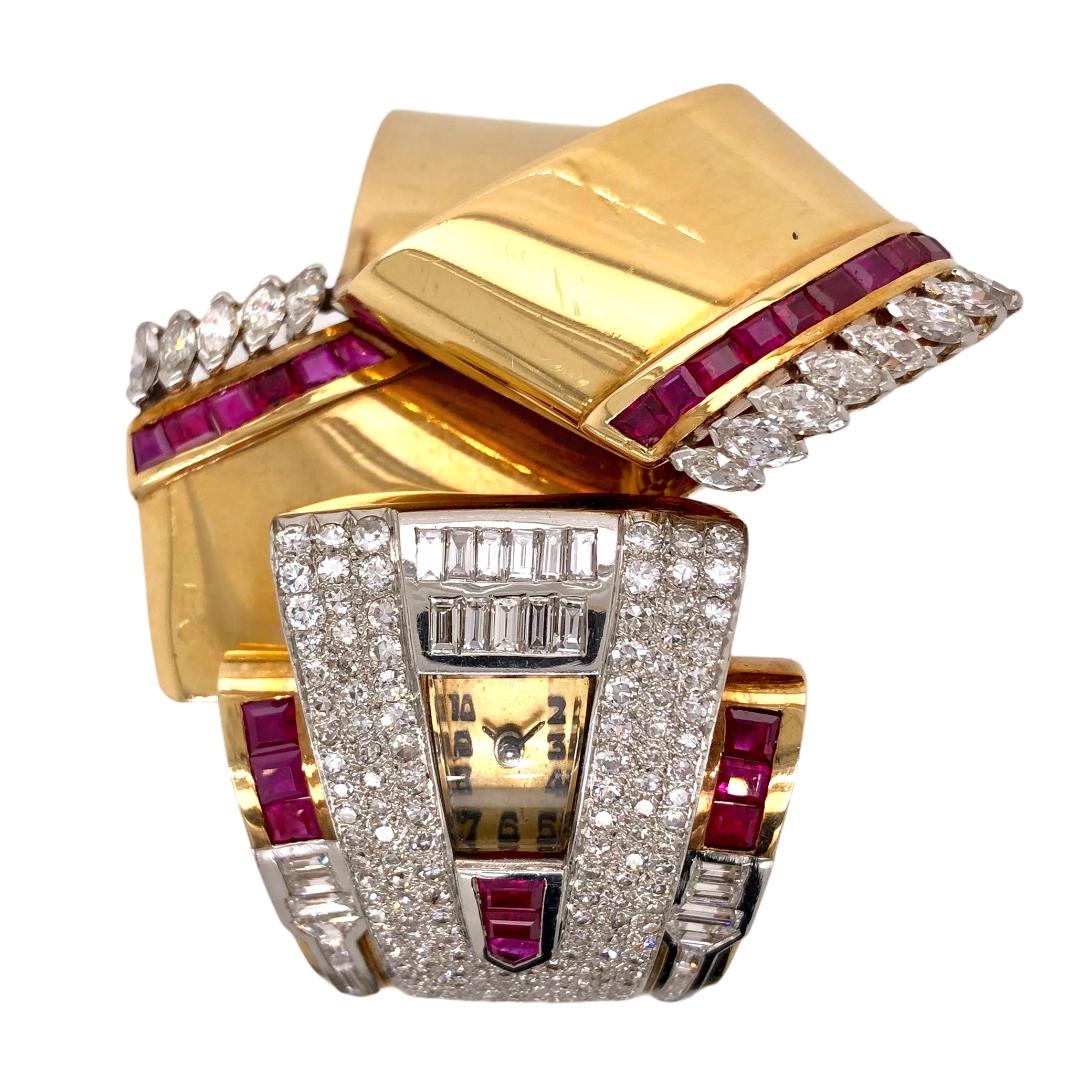Mauboussin Antique Retro Ruby Diamond Bangle Watch in 18 Karat Yellow Gold C.1930

- Baguette Rubies
- Marquise-cut Diamonds
- Round Diamonds
- 18K Yellow Gold

Presented by PARIS Craft House.