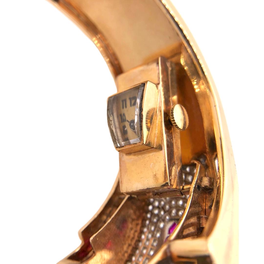 Women's Mauboussin Antique Retro Ruby Diamond Bangle Watch in 18 Karat Gold, circa 1930 For Sale