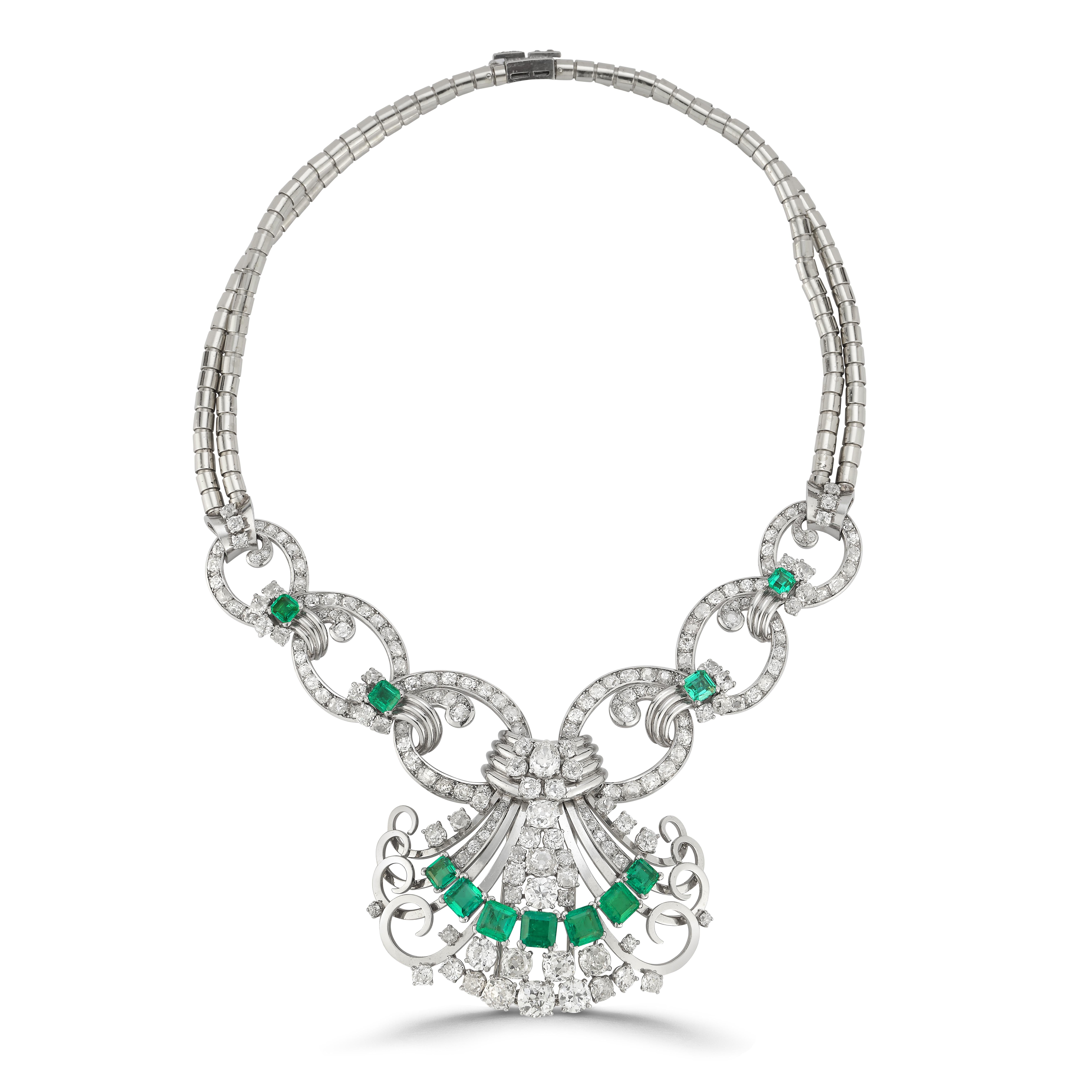Mauboussin Art Deco Emerald & Diamond Pendant Necklace

A platinum and 18 karat white gold transformable pendant necklace set with  antique diamonds and emeralds. The necklace can be worn two ways, both with and without the pendant. The pendant is