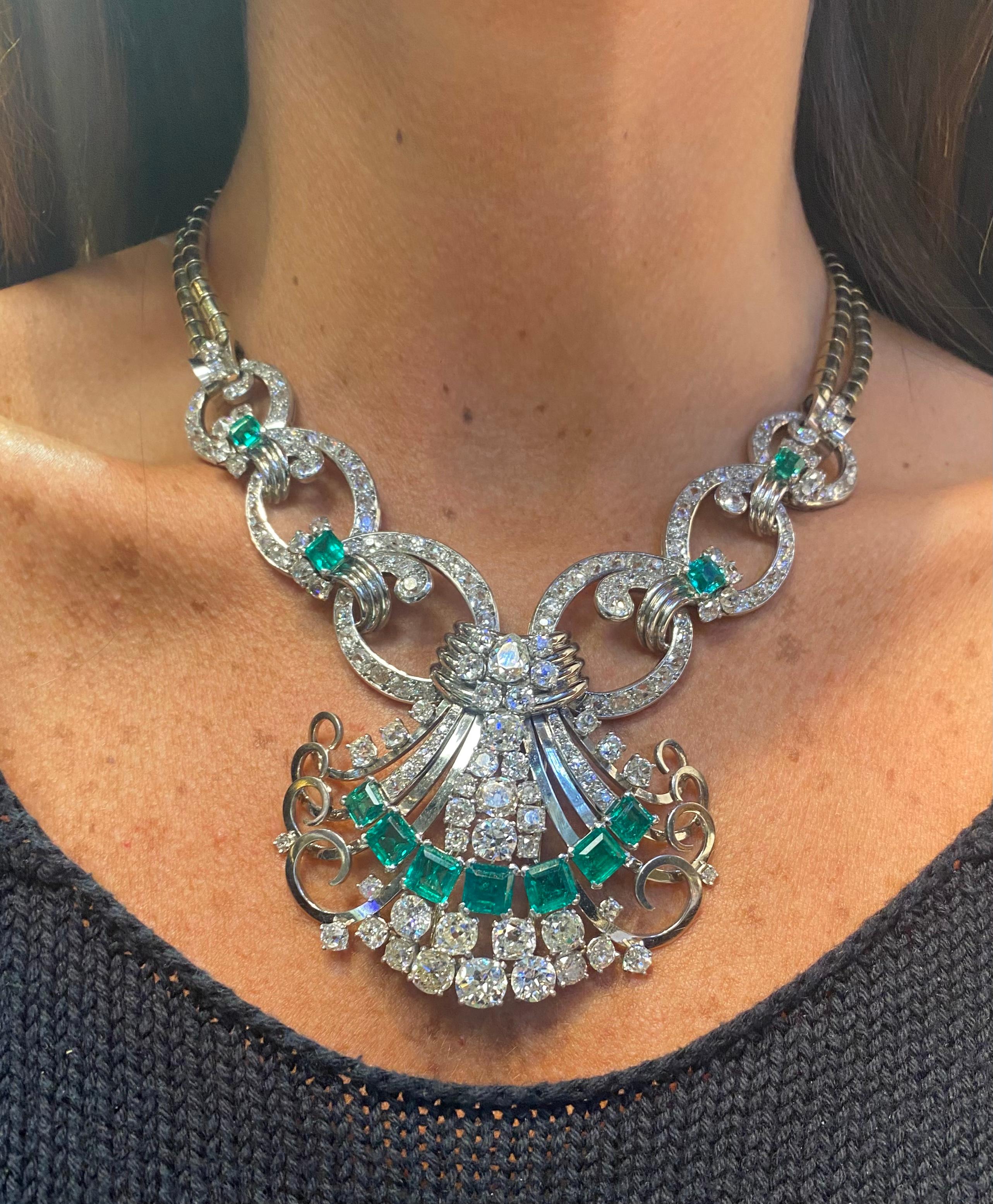 Mauboussin Art Deco Emerald & Diamond Pendant Necklace In Excellent Condition In New York, NY