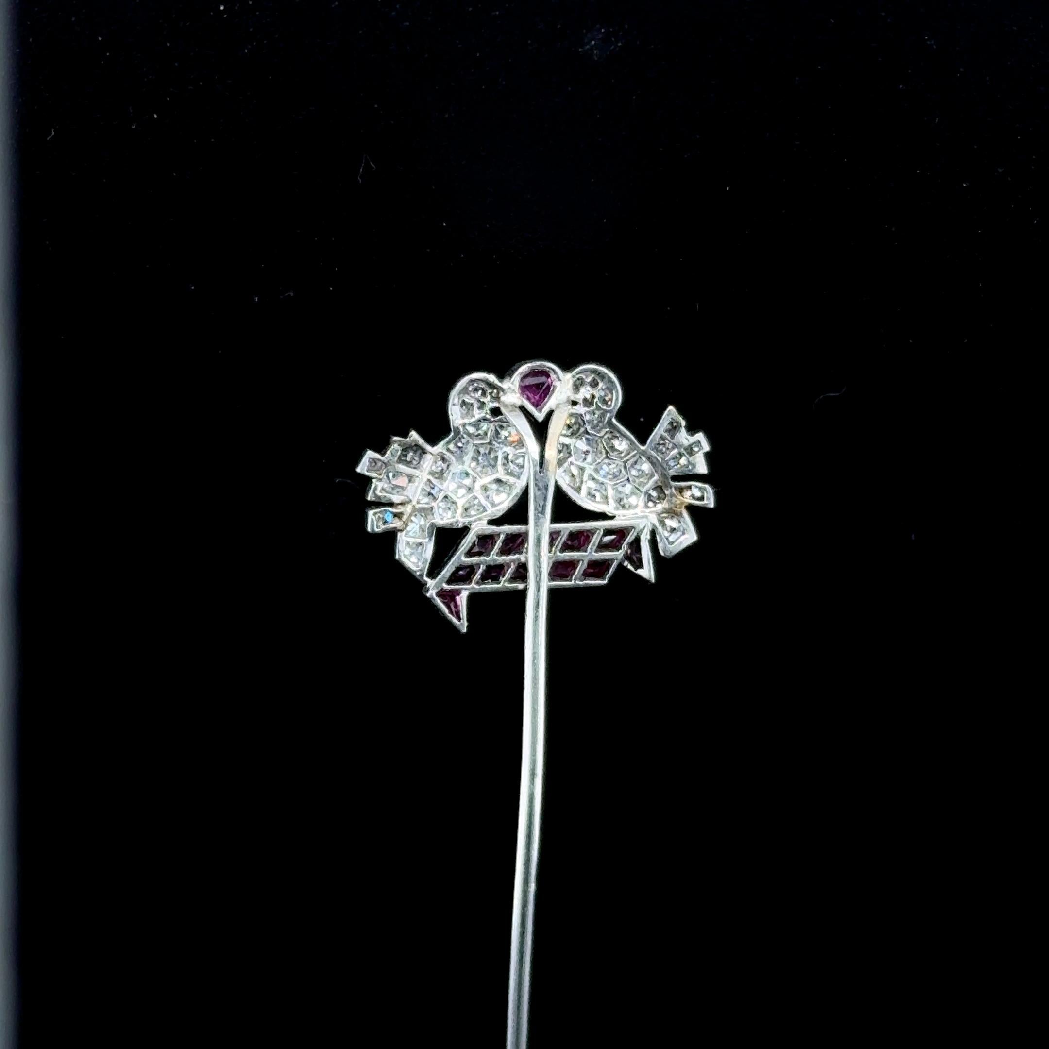 Mauboussin Art Deco Love Birds Ruby and Diamond Pin, ca. 1920s For Sale 6