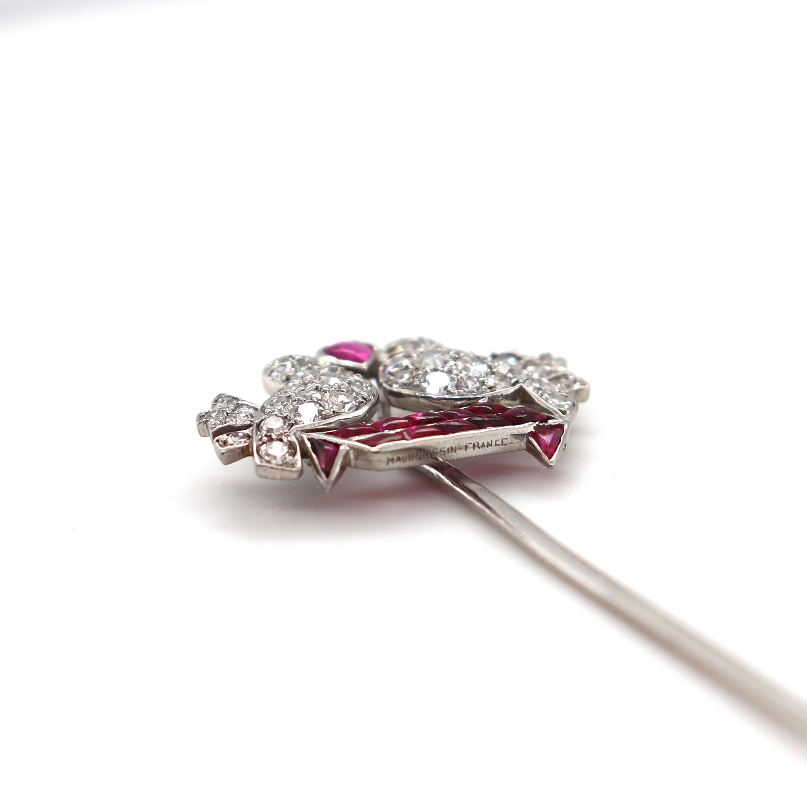 Sugarloaf Cabochon Mauboussin Art Deco Love Birds Ruby and Diamond Pin, ca. 1920s For Sale