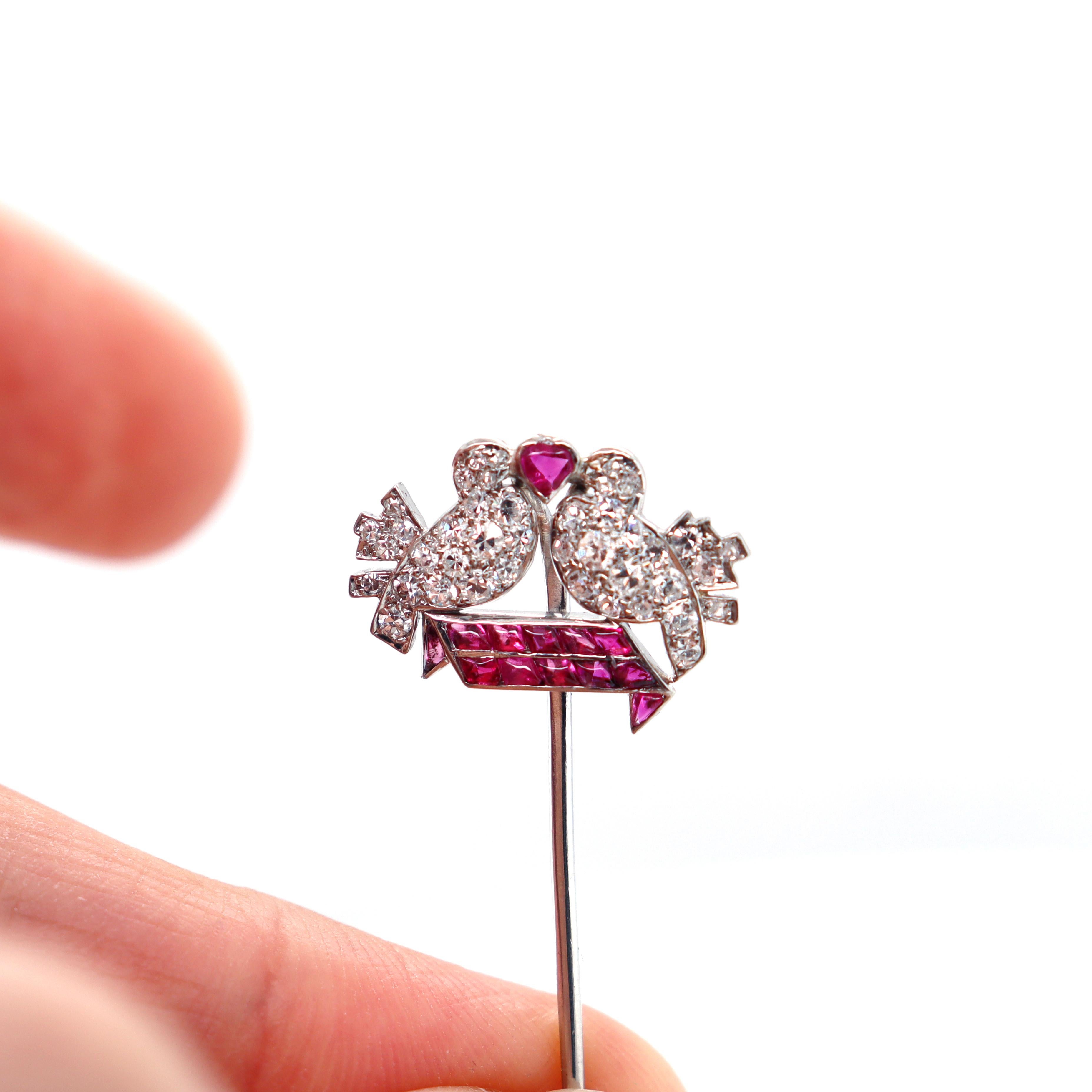 Women's or Men's Mauboussin Art Deco Love Birds Ruby and Diamond Pin, ca. 1920s For Sale