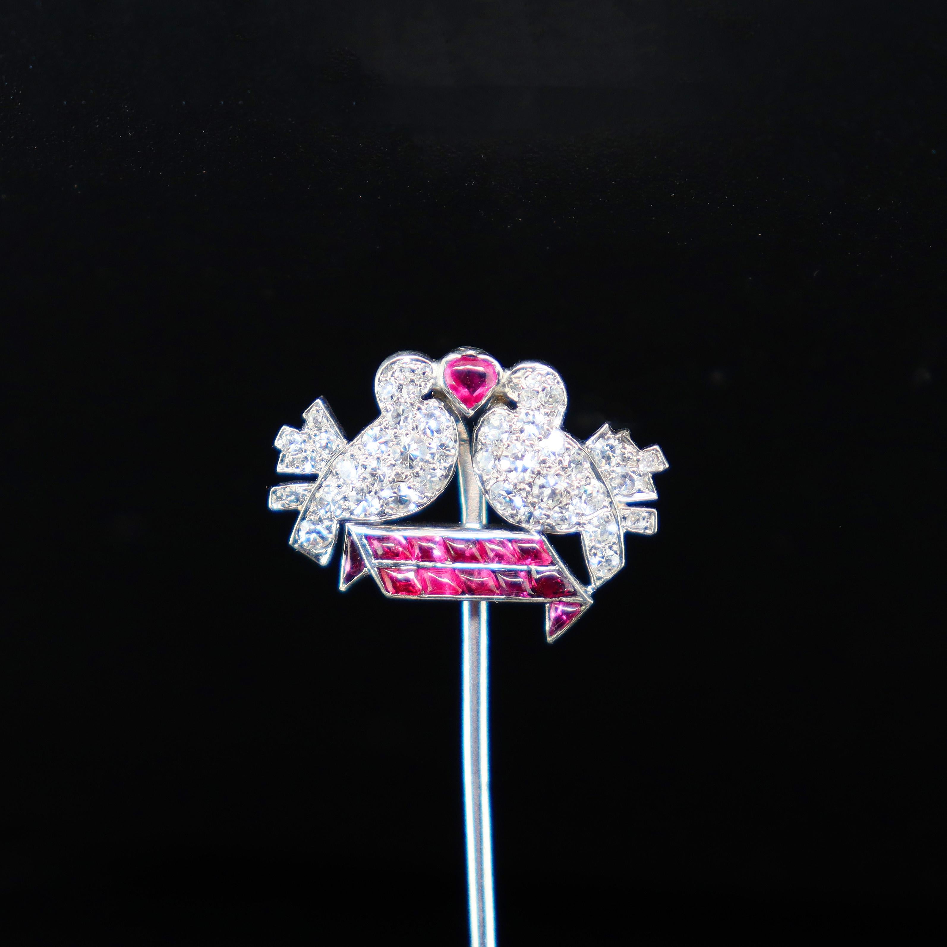 Mauboussin Art Deco Love Birds Ruby and Diamond Pin, ca. 1920s For Sale 1