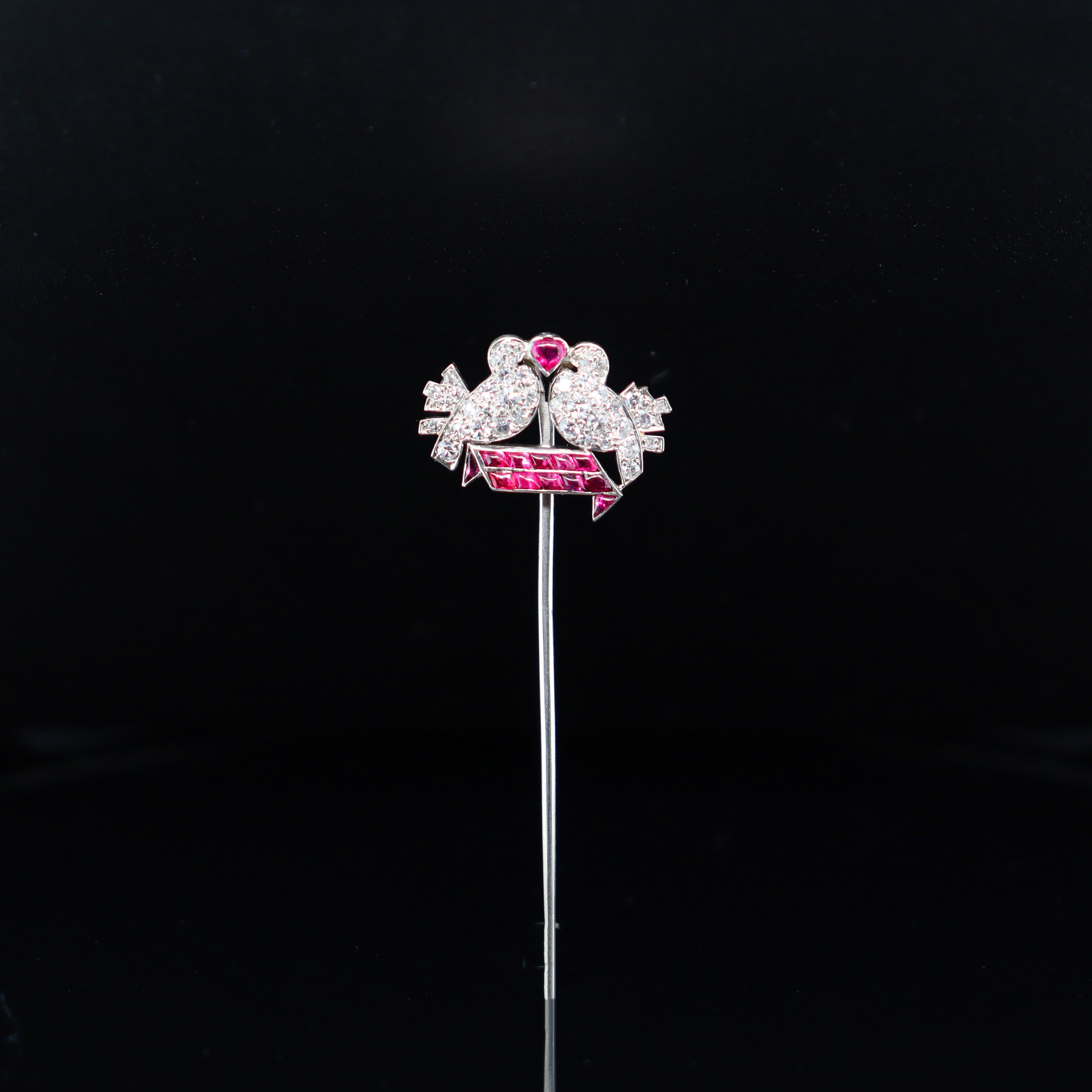 Mauboussin Art Deco Love Birds Ruby and Diamond Pin, ca. 1920s For Sale 2