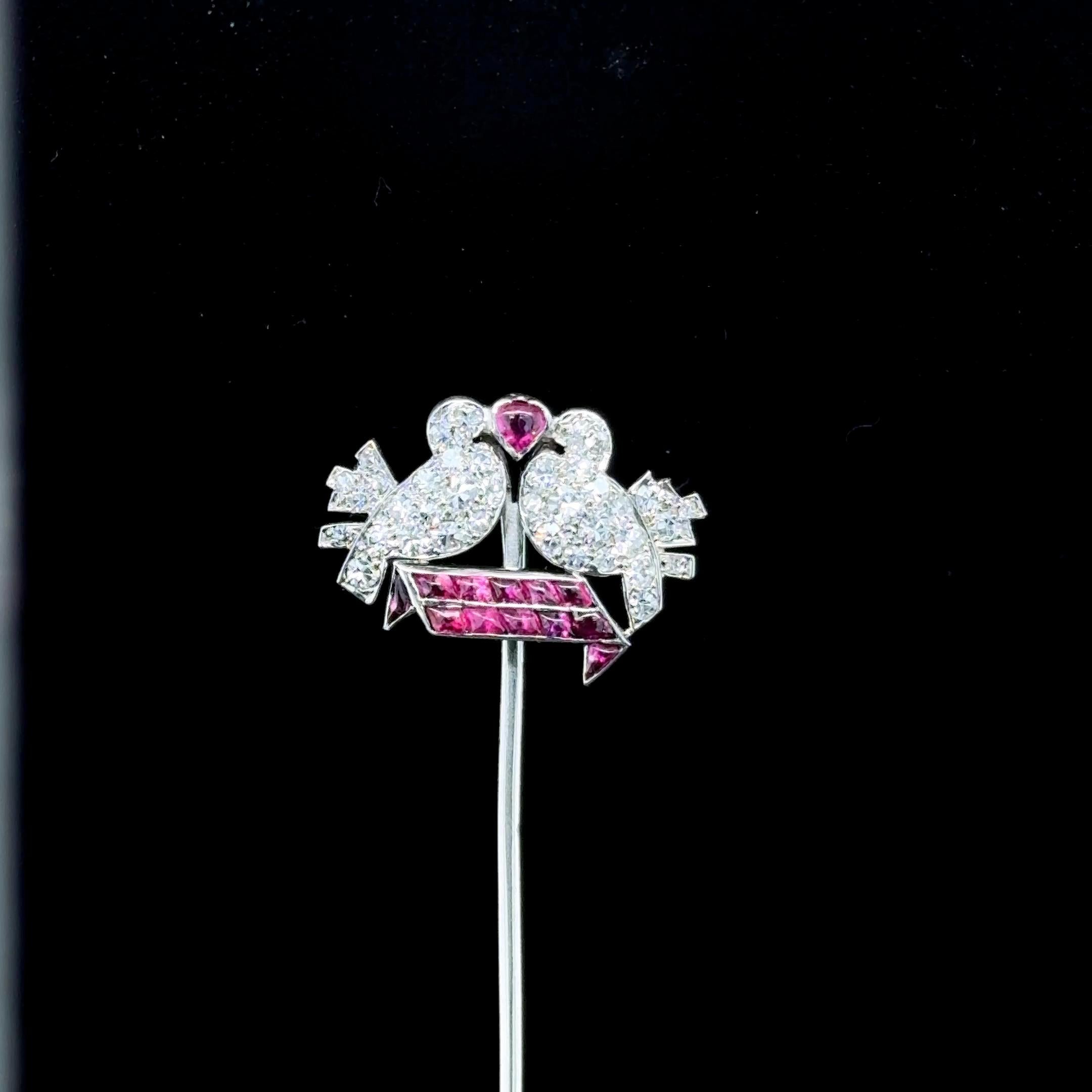 Mauboussin Art Deco Love Birds Ruby and Diamond Pin, ca. 1920s For Sale 3