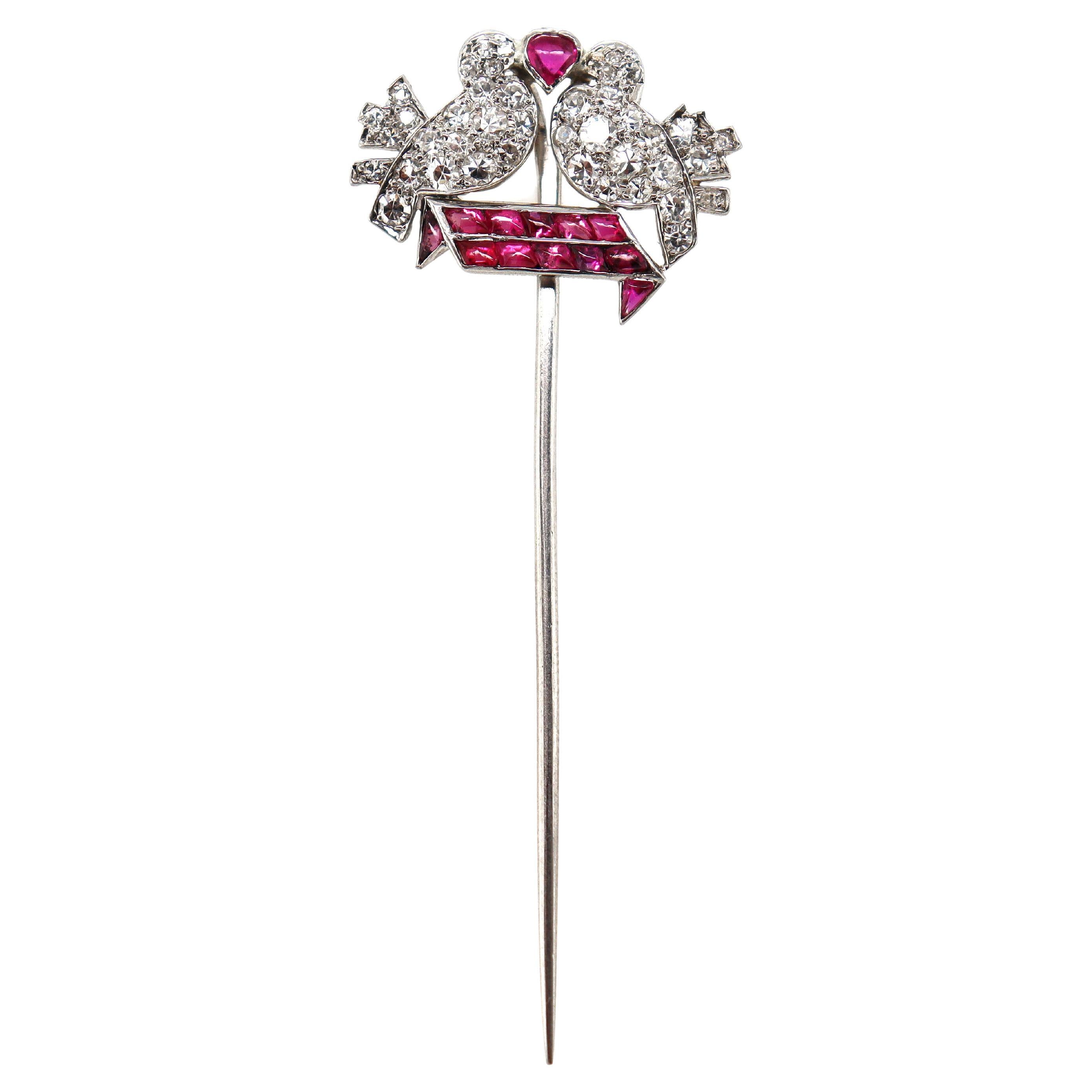 Mauboussin Art Deco Love Birds Ruby and Diamond Pin, ca. 1920s For Sale