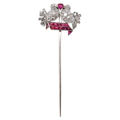 Antique Mauboussin Art Deco Love Birds Ruby and Diamond Pin, ca. 1920s