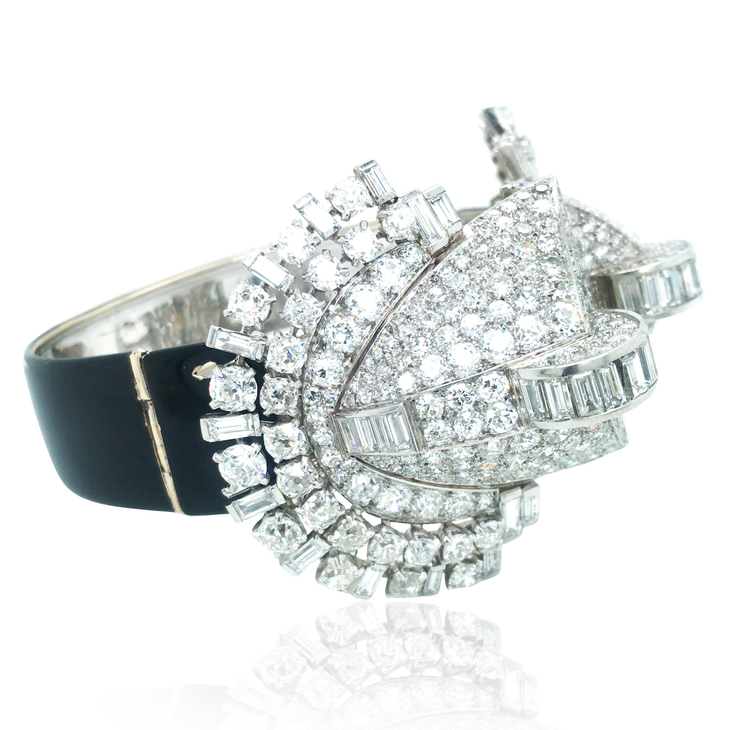 Round Cut Mauboussin, Art Deco Platinum Diamond Double-clips Bangle, Certificate For Sale