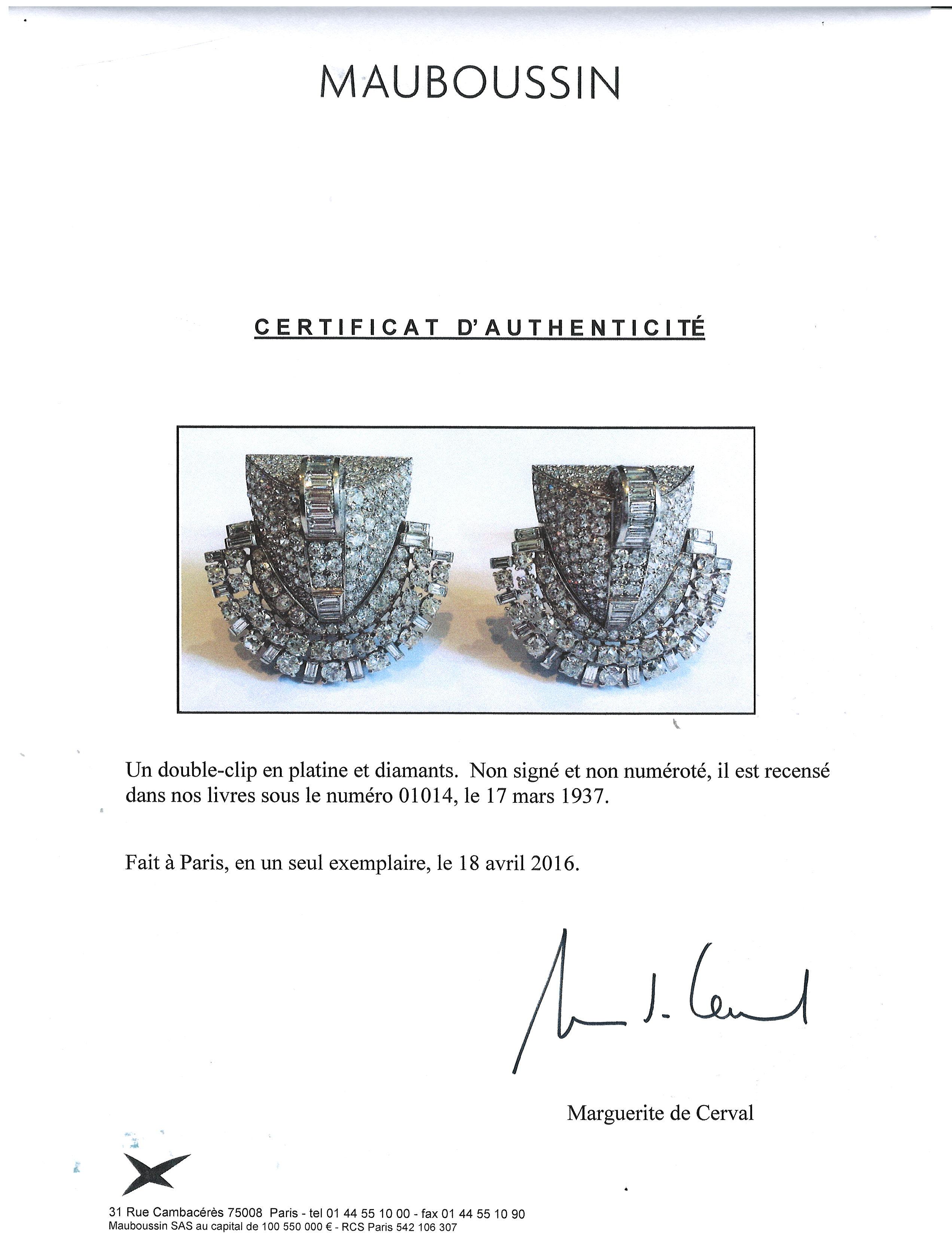 Mauboussin, Art Deco Platinum Diamond Double-clips Bangle, Certificate For Sale 3