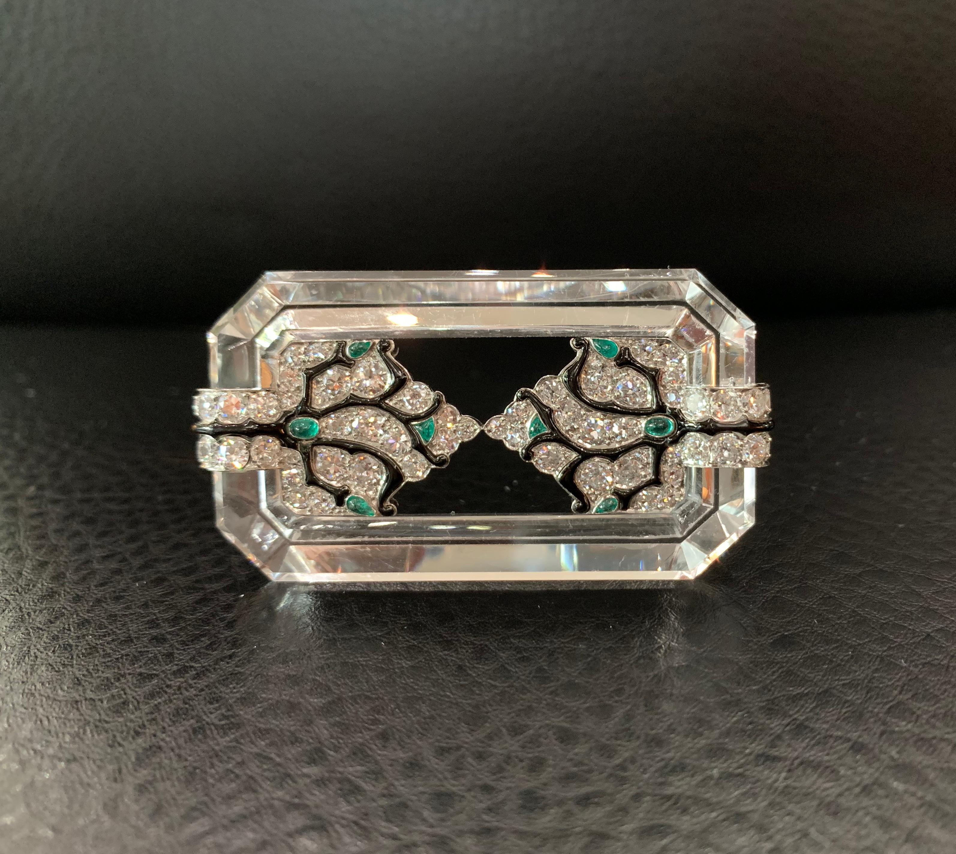 Old European Cut Mauboussin Art Deco Rock Crystal and Diamond Brooch, circa 1927 For Sale