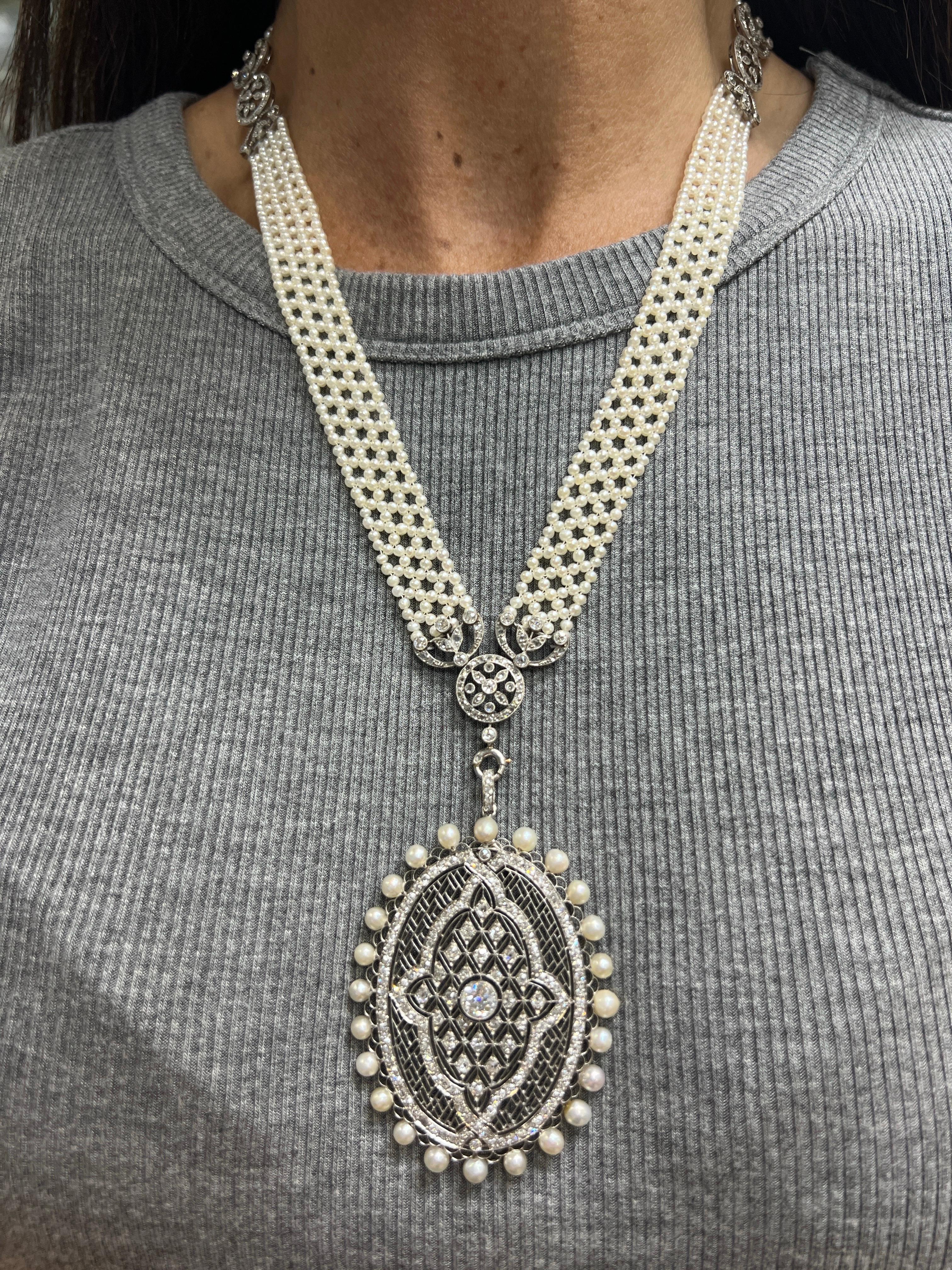 Mauboussin Belle Epoque Pearl and Diamond Pendant Necklace

A platinum sautoir necklace by Mauboussin is set with diamonds and small weave pearls. This necklace is shown in Mauboussin’s archives on November 28, 1910.

The pendant is removable and