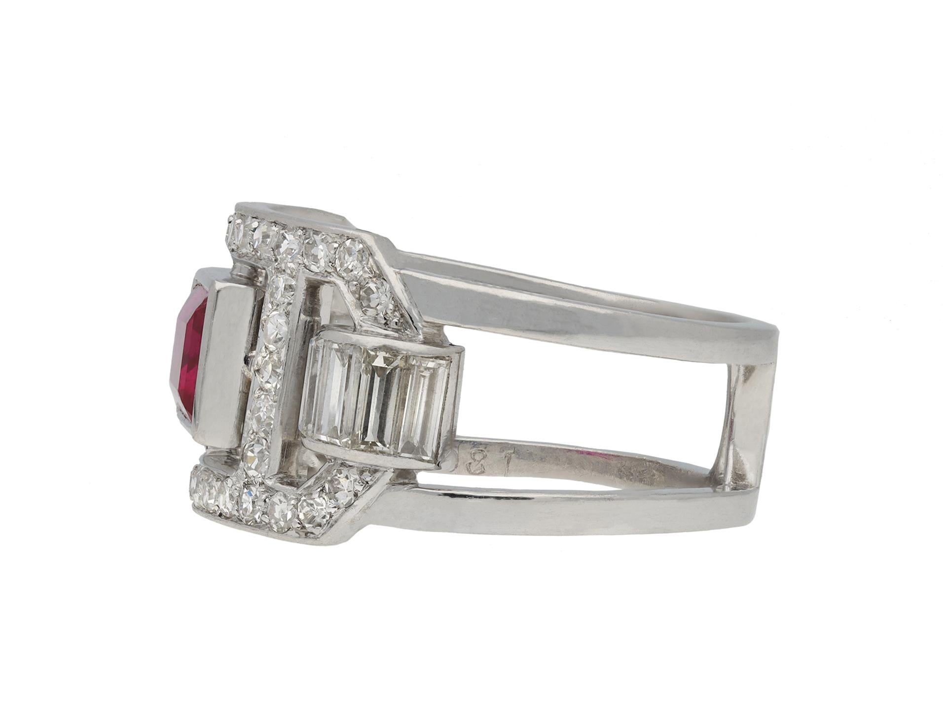 Mauboussin Burmese ruby and diamond ring. Set to centre with a rectangular step cut natural unenhanced Burmese ruby in an open back rubover setting with an approximate weight of 0.91 carats, further set with thirty eight round eight cut diamonds in