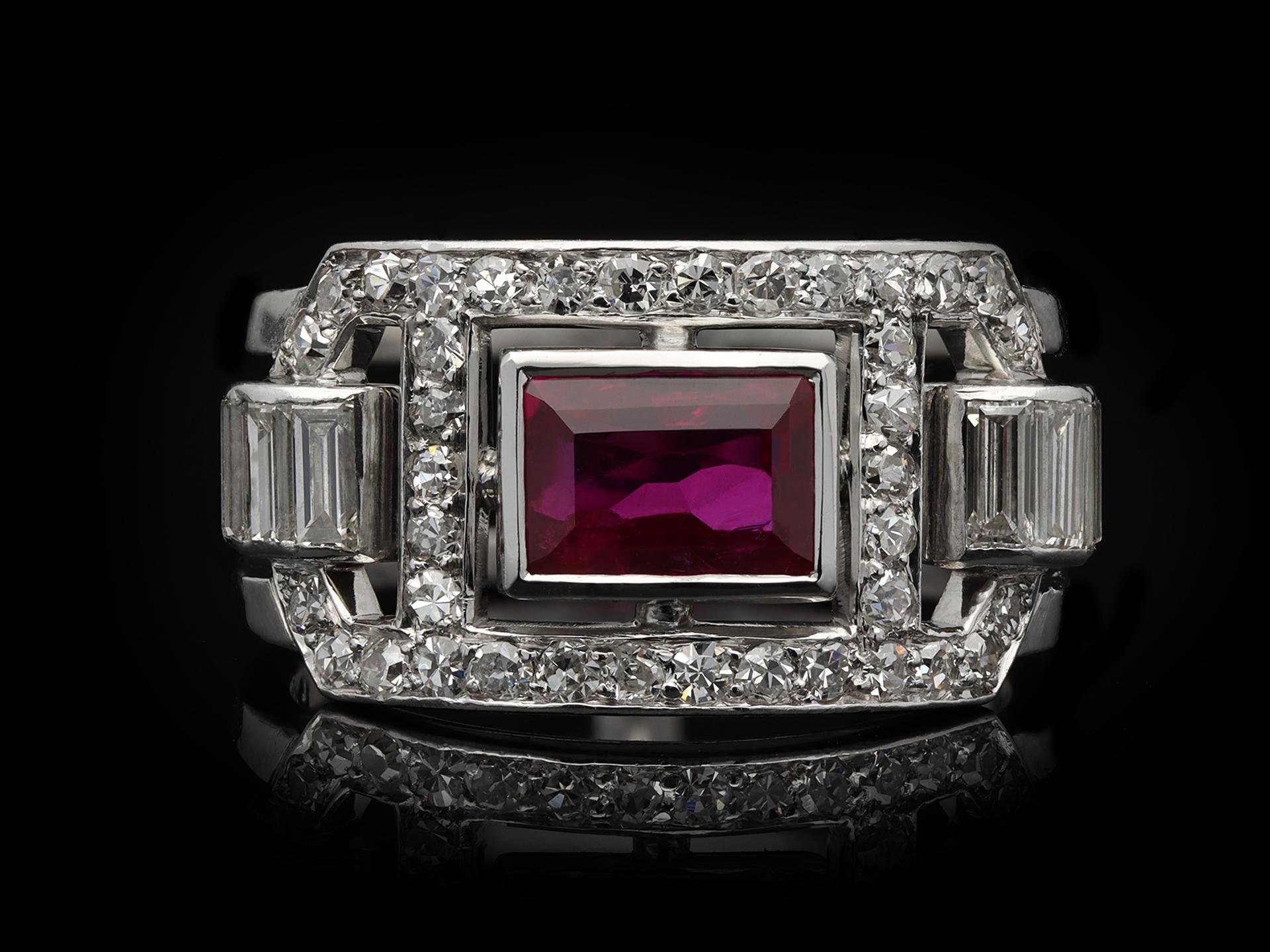 Art Deco Mauboussin Burmese Ruby and Diamond Ring, French, circa 1929 For Sale