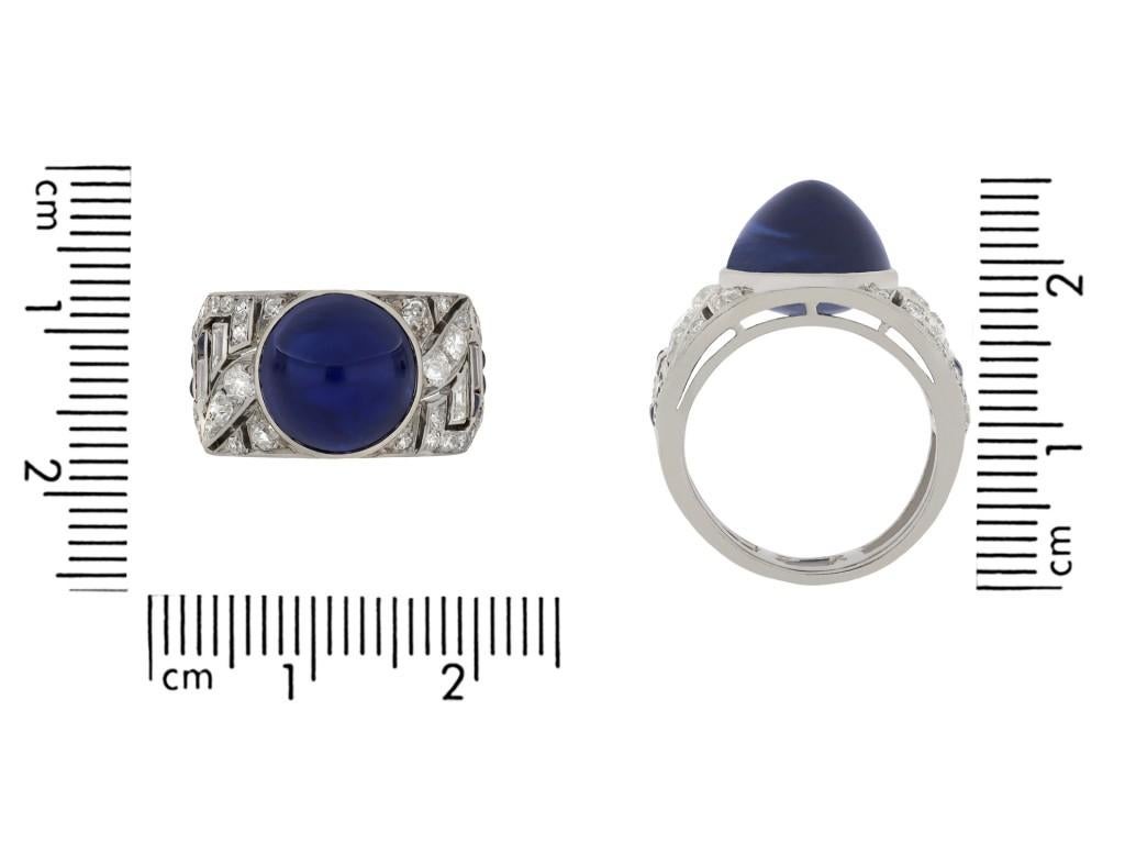Art Deco Mauboussin Cabochon Sapphire and Diamond Ring, French, circa 1925 For Sale