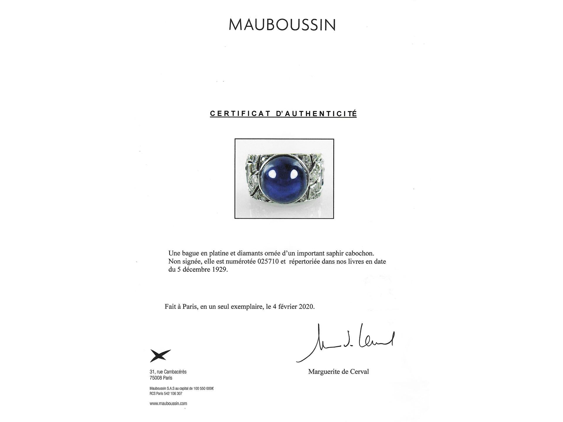Mauboussin Cabochon Sapphire and Diamond Ring, French, circa 1929 For Sale 3
